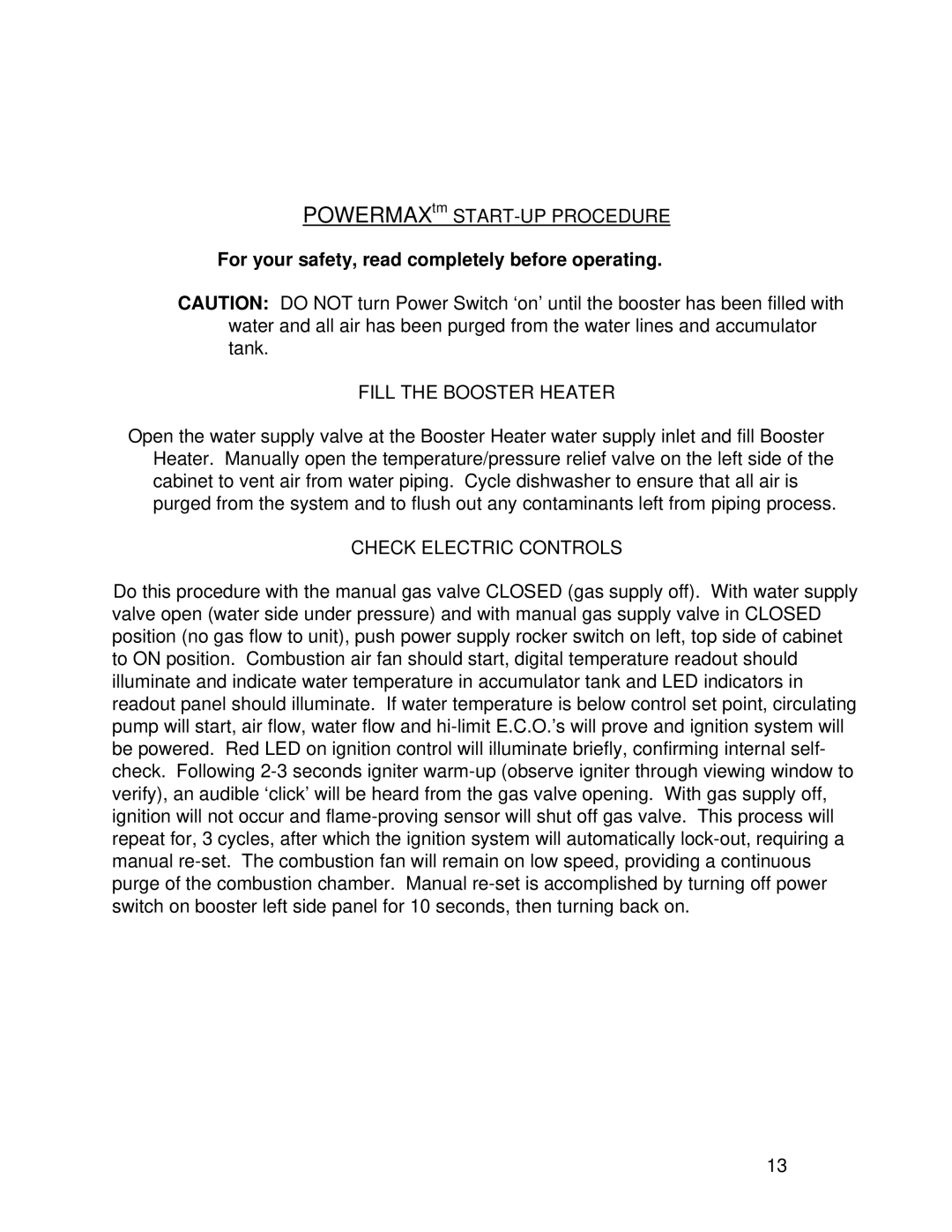 Vanguard Heating PM400, PM200 operation manual Fill the Booster Heater, Check Electric Controls 