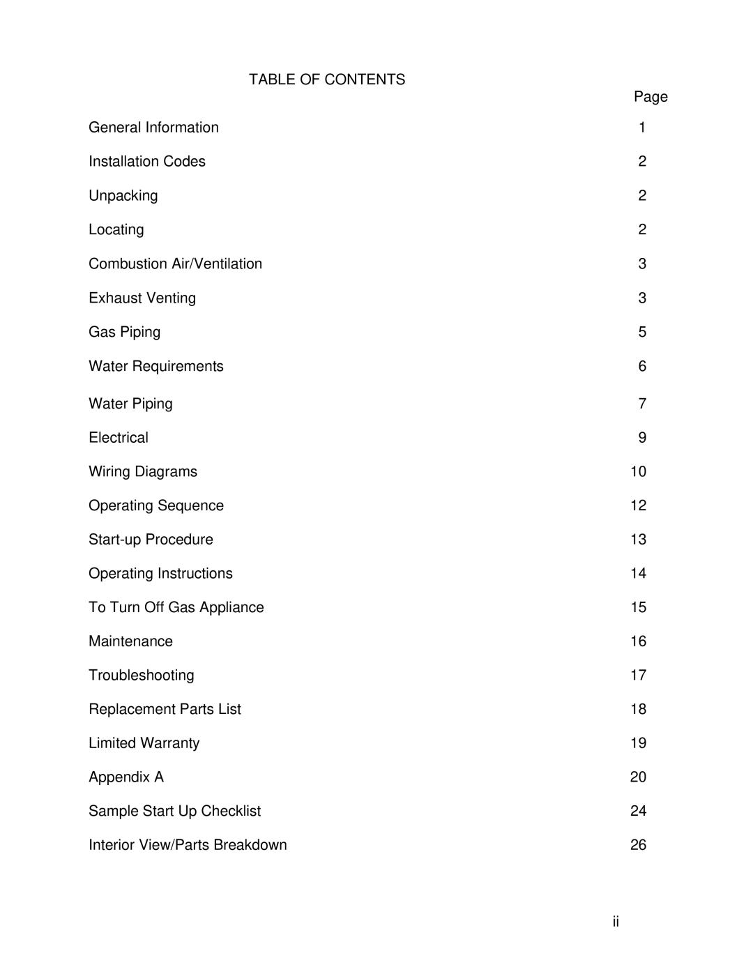 Vanguard Heating PM200, PM400 operation manual Table of Contents 