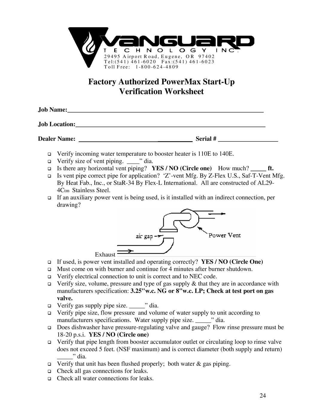 Vanguard Heating PM200, PM400 operation manual Factory Authorized PowerMax Start-Up Verification Worksheet 