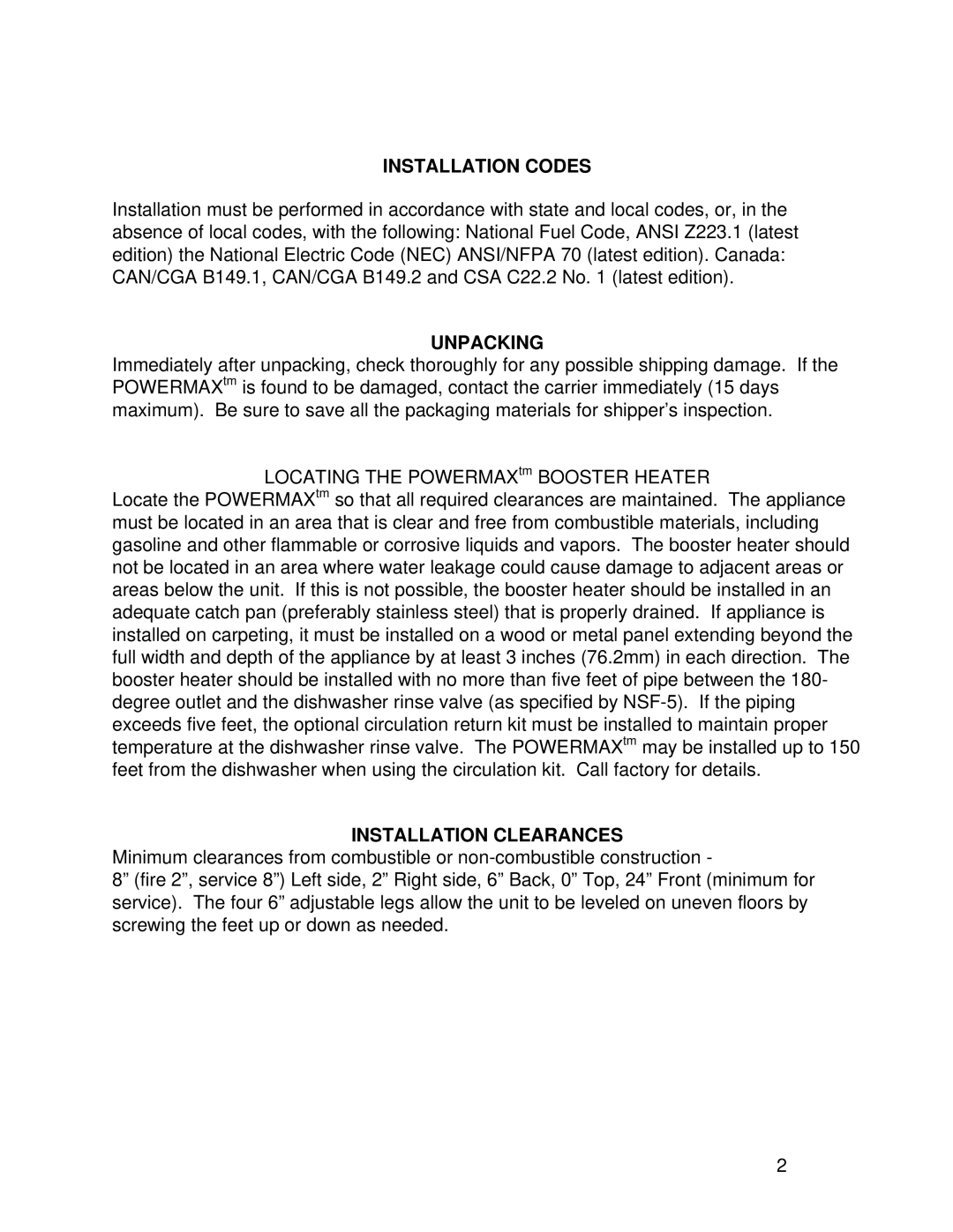 Vanguard Heating PM200, PM400 operation manual Installation Codes, Unpacking, Installation Clearances 