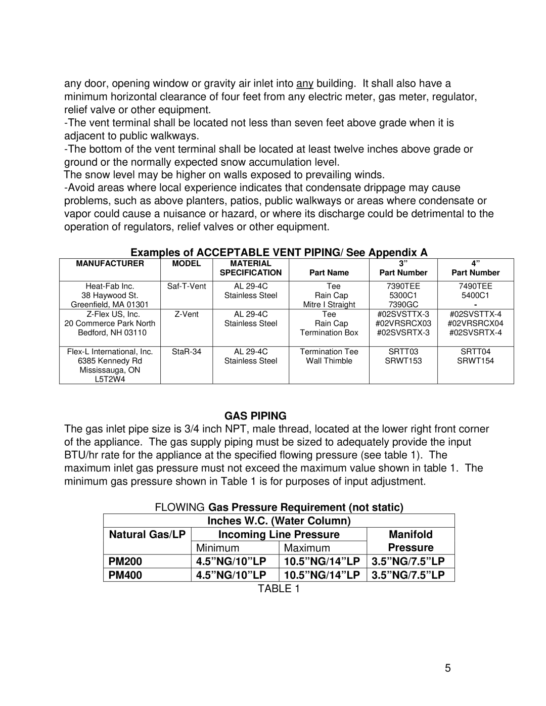 Vanguard Heating PM400, PM200 operation manual Examples of Acceptable Vent PIPING/ See Appendix a, GAS Piping 