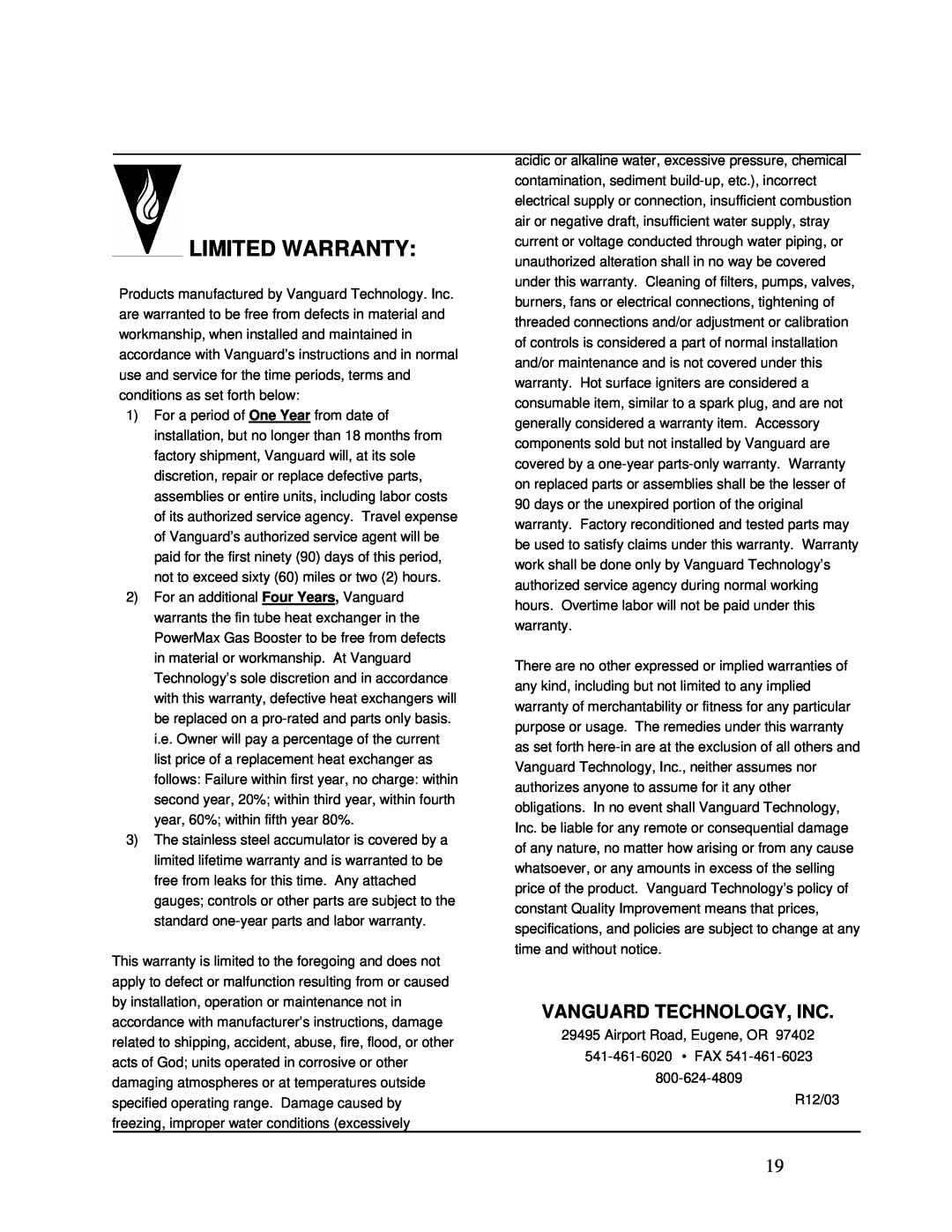 Vanguard Heating PM400, PM200 operation manual Limited Warranty, Vanguard Technology, Inc 