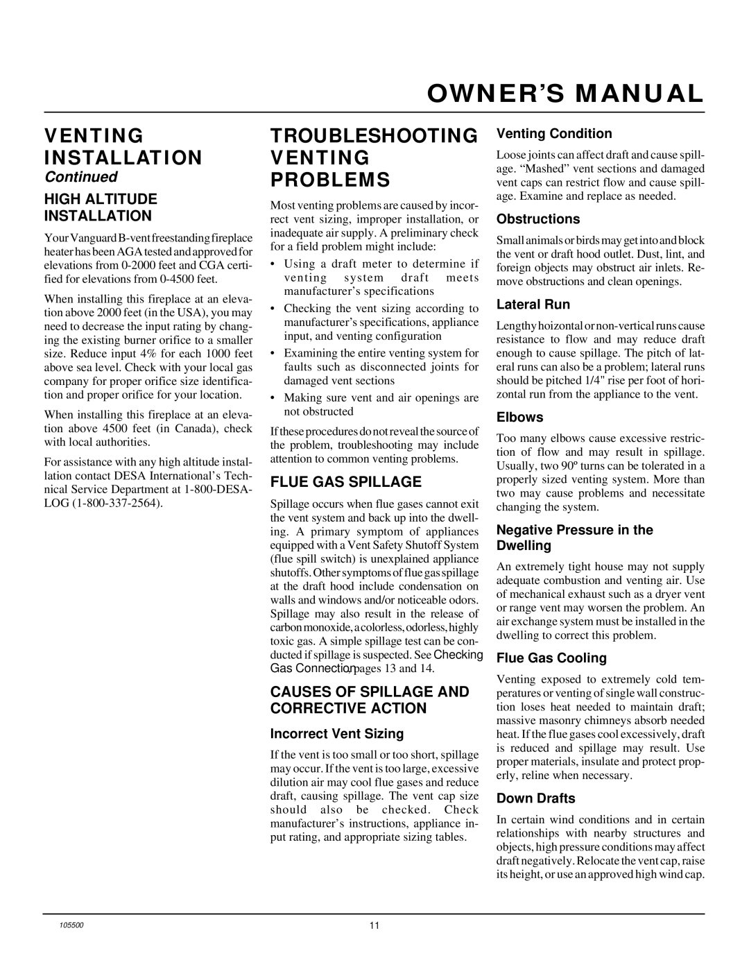 Vanguard Heating SBVBP(A), SBVBN(A) Troubleshooting Venting Problems, High Altitude Installation, Flue GAS Spillage 