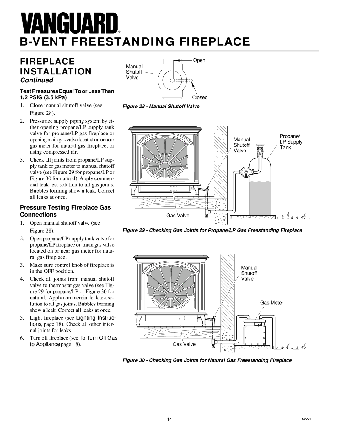 Vanguard Heating SBVBN(A), SBVBP(A) installation manual Pressure Testing Fireplace Gas Connections 