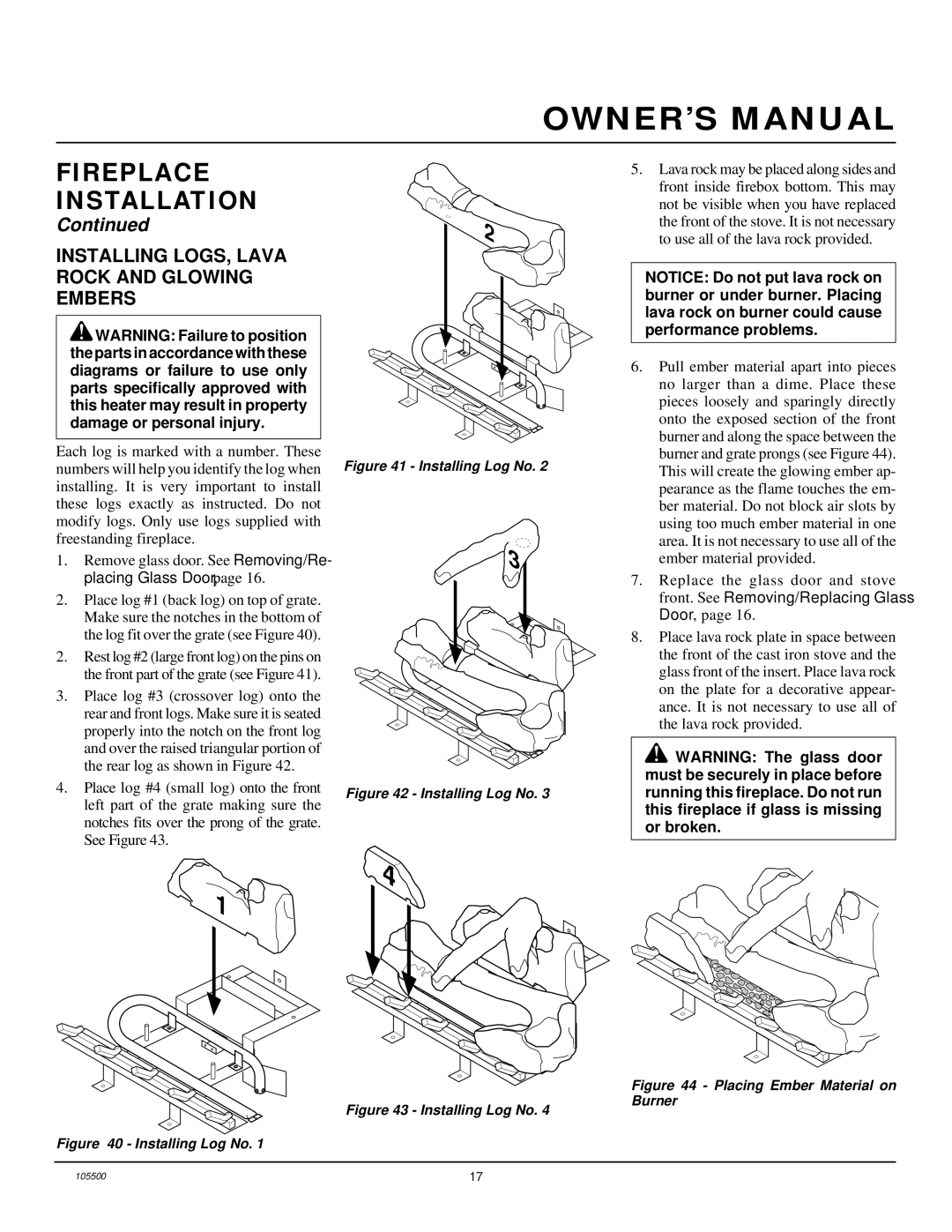 Vanguard Heating SBVBP(A), SBVBN(A) installation manual Installing LOGS, Lava Rock and Glowing Embers, Installing Log No 