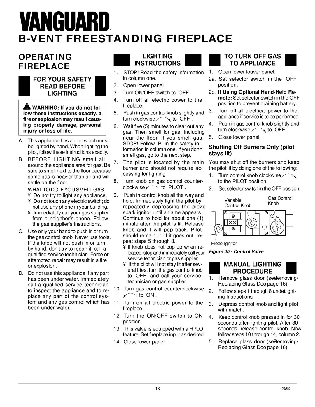 Vanguard Heating SBVBN(A), SBVBP(A) Operating Fireplace, For Your Safety Read Before Lighting, Lighting Instructions 