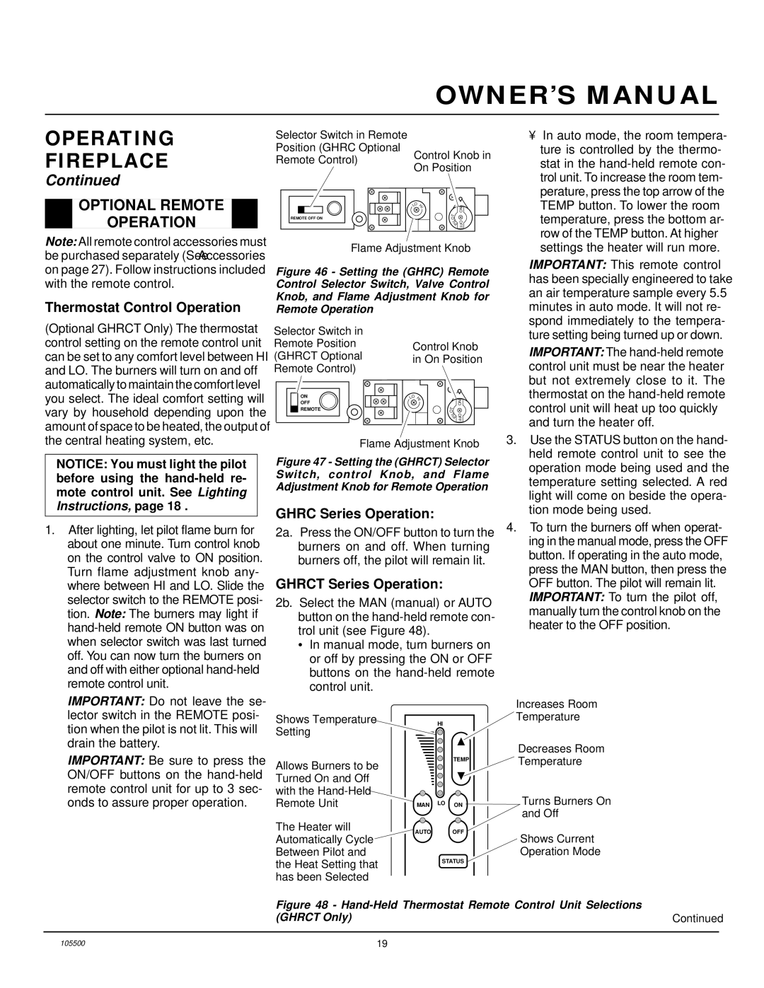 Vanguard Heating SBVBP(A), SBVBN(A) Optional Remote Operation, Thermostat Control Operation, Ghrc Series Operation 