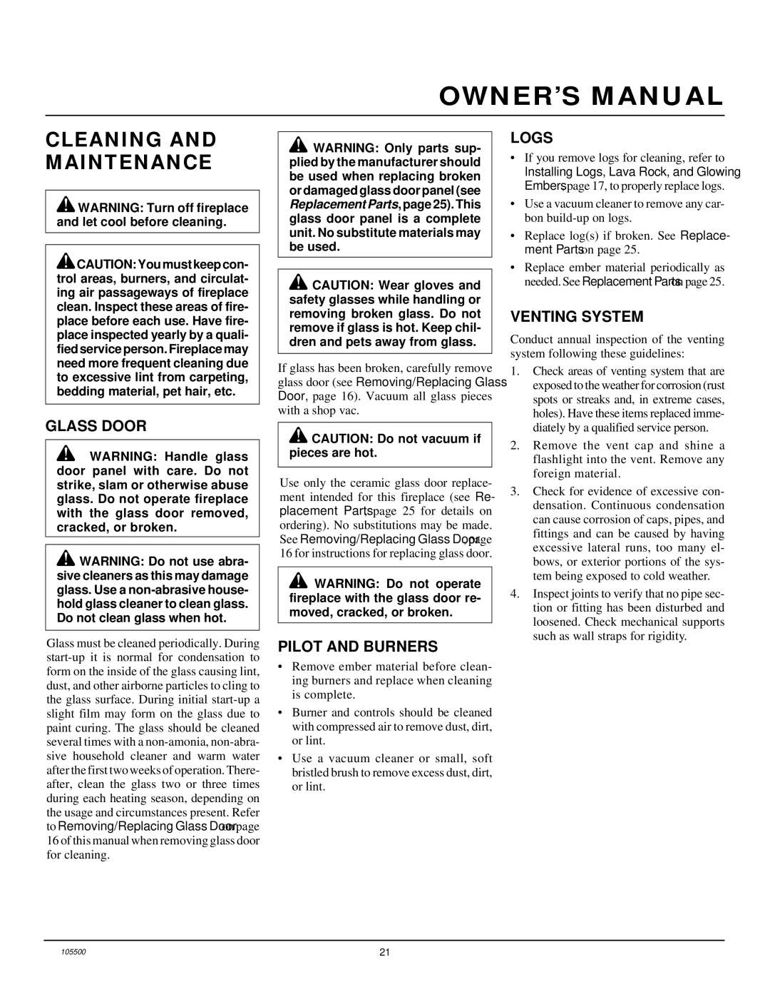 Vanguard Heating SBVBP(A), SBVBN(A) Cleaning and Maintenance, Glass Door, Pilot and Burners, Logs, Venting System 