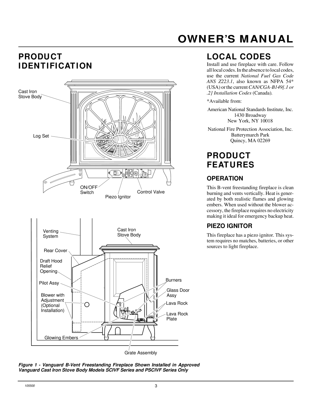 Vanguard Heating SBVBP(A), SBVBN(A) Product Identification, Local Codes, Product Features, Operation, Piezo Ignitor 