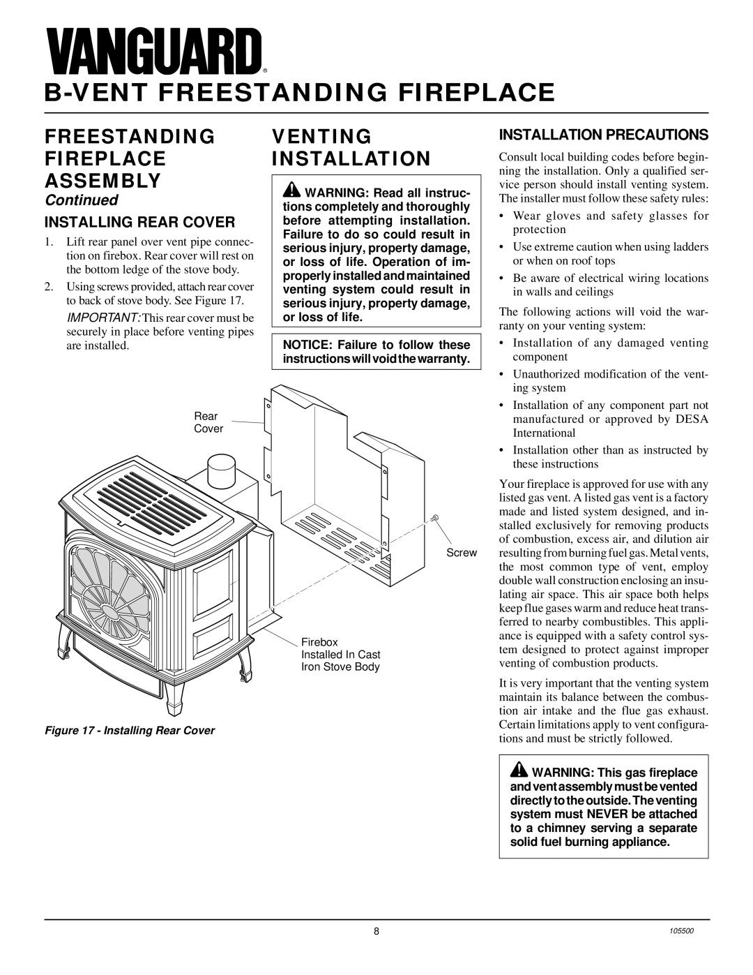 Vanguard Heating SBVBN(A), SBVBP(A) Venting Installation, Installing Rear Cover, Installation Precautions 