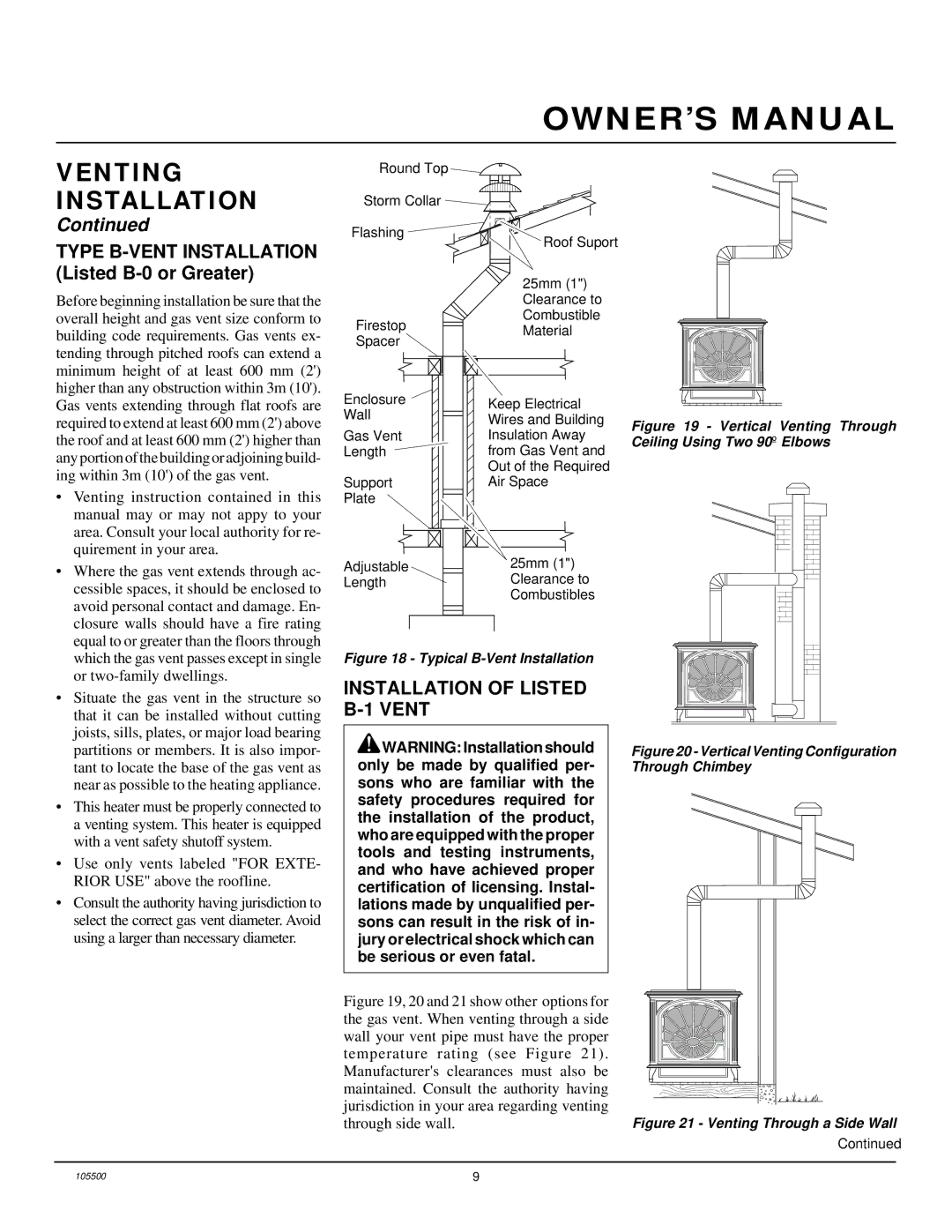 Vanguard Heating SBVBP(A), SBVBN(A) Installation of Listed B-1 Vent, Type B-VENT Installation Listed B-0 or Greater 