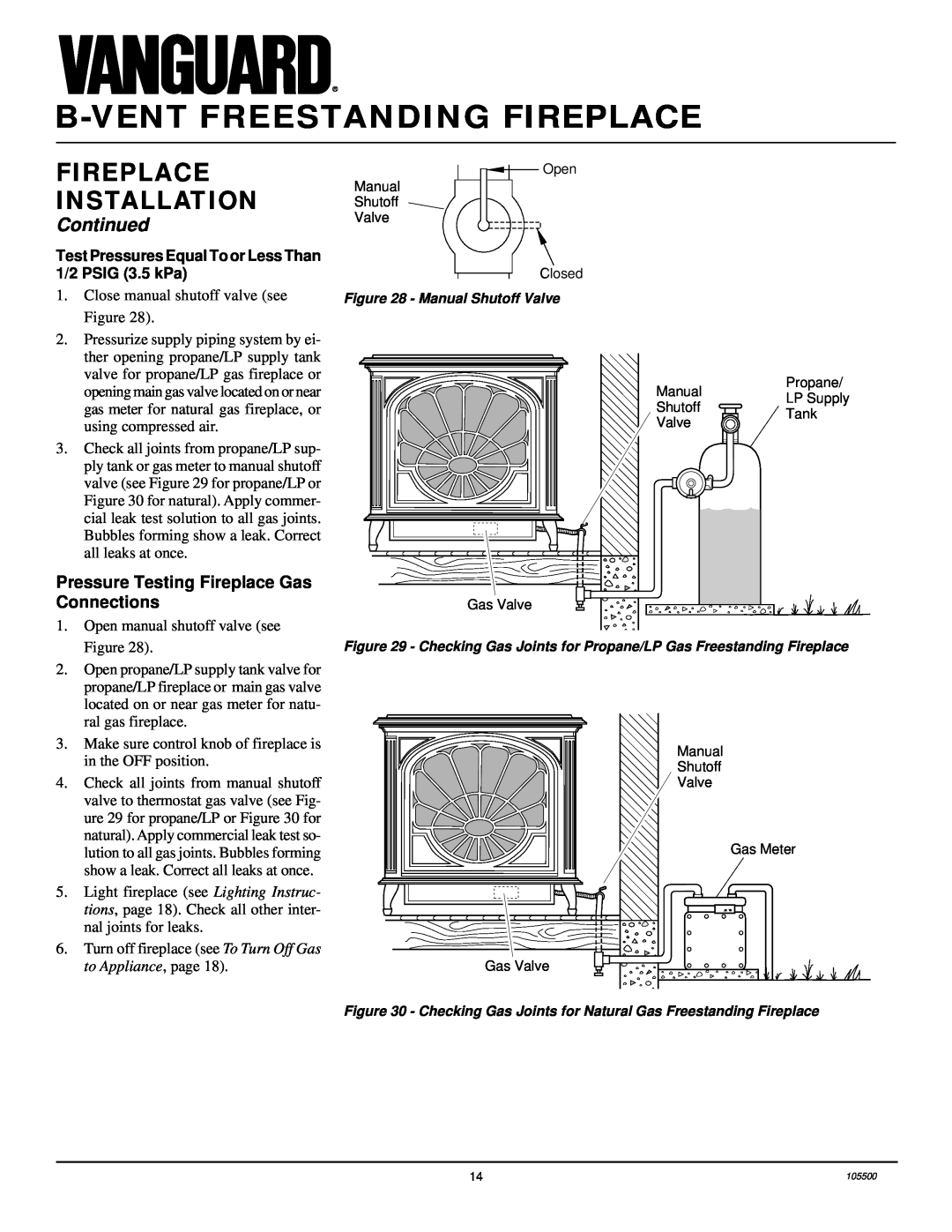 Vanguard Heating SBVBN(A) Pressure Testing Fireplace Gas Connections, to Appliance, page, B-Ventfreestanding Fireplace 
