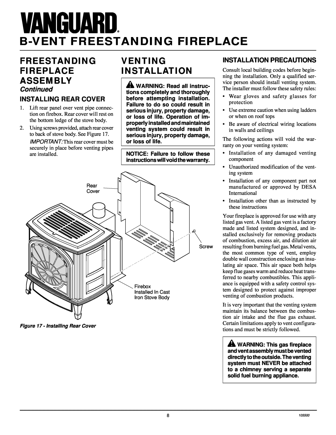 Vanguard Heating SBVBN(A), SBVBP(A) Venting Installation, Installing Rear Cover, Installation Precautions, Continued 