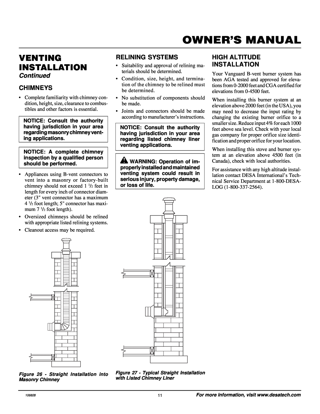 Vanguard Heating SBVBP(C) Chimneys, Relining Systems, High Altitude Installation, Owner’S Manual, Venting Installation 