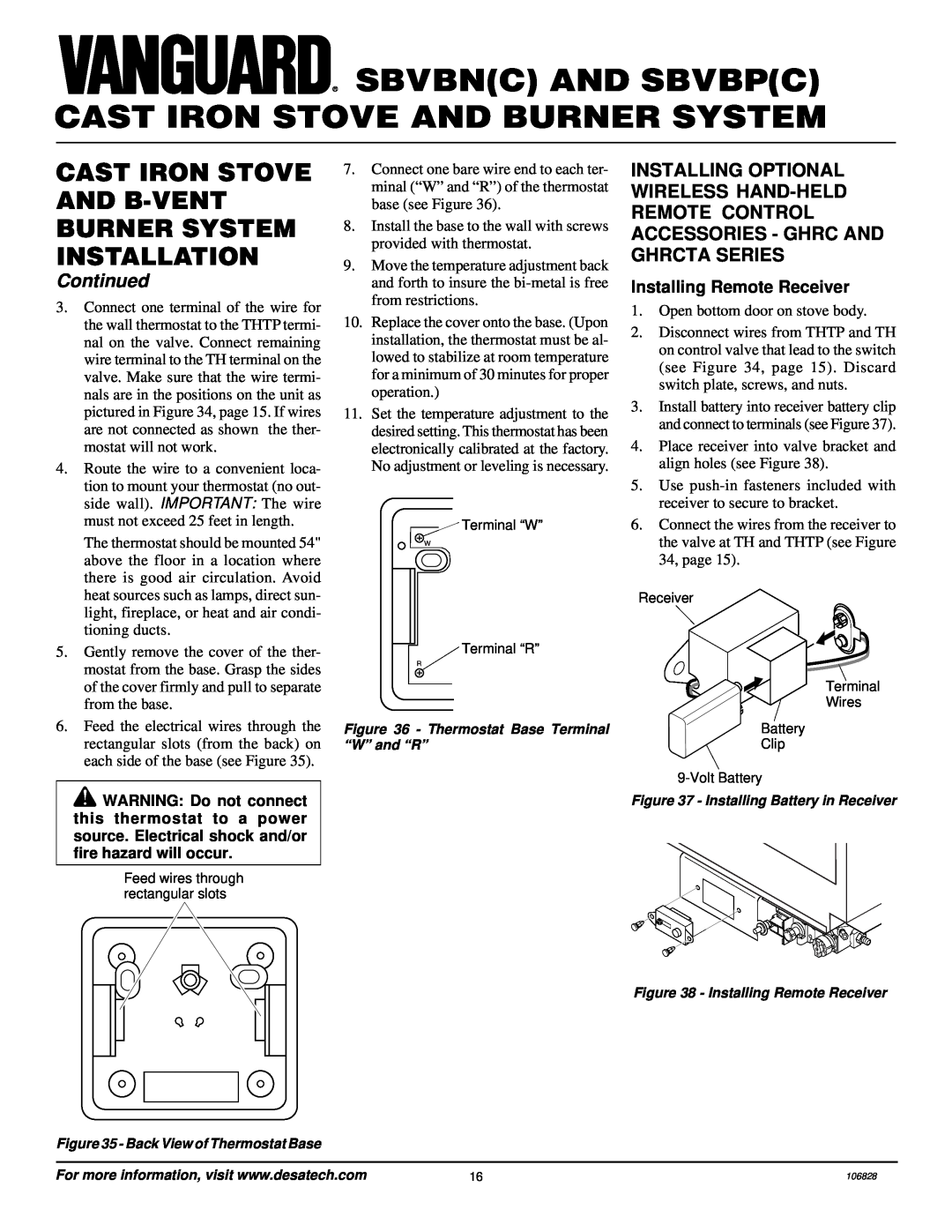 Vanguard Heating SBVBN(C) Installing Remote Receiver, Sbvbnc And Sbvbpc Cast Iron Stove And Burner System, Continued 