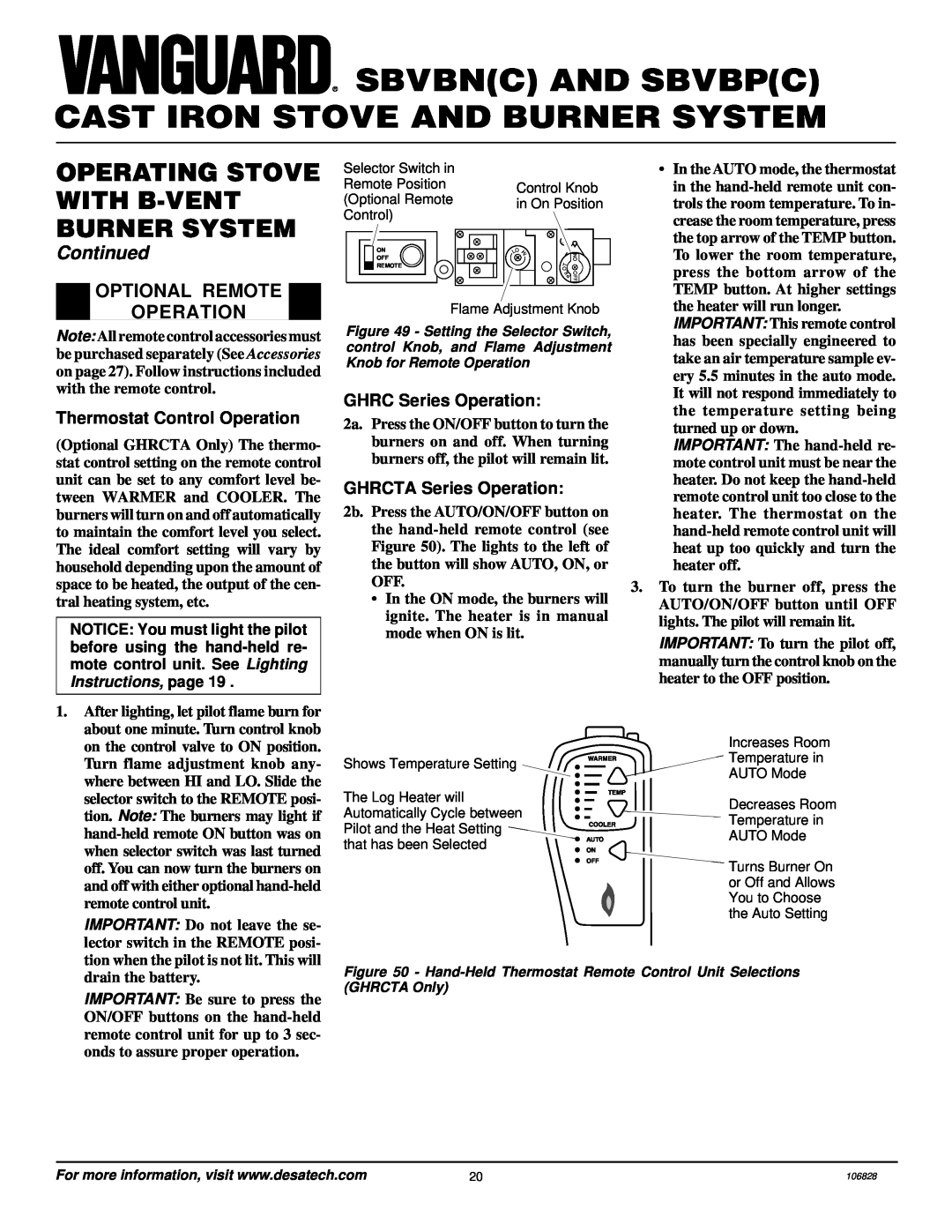 Vanguard Heating SBVBN(C) Optional Remote, Thermostat Control Operation, GHRC Series Operation, GHRCTA Series Operation 