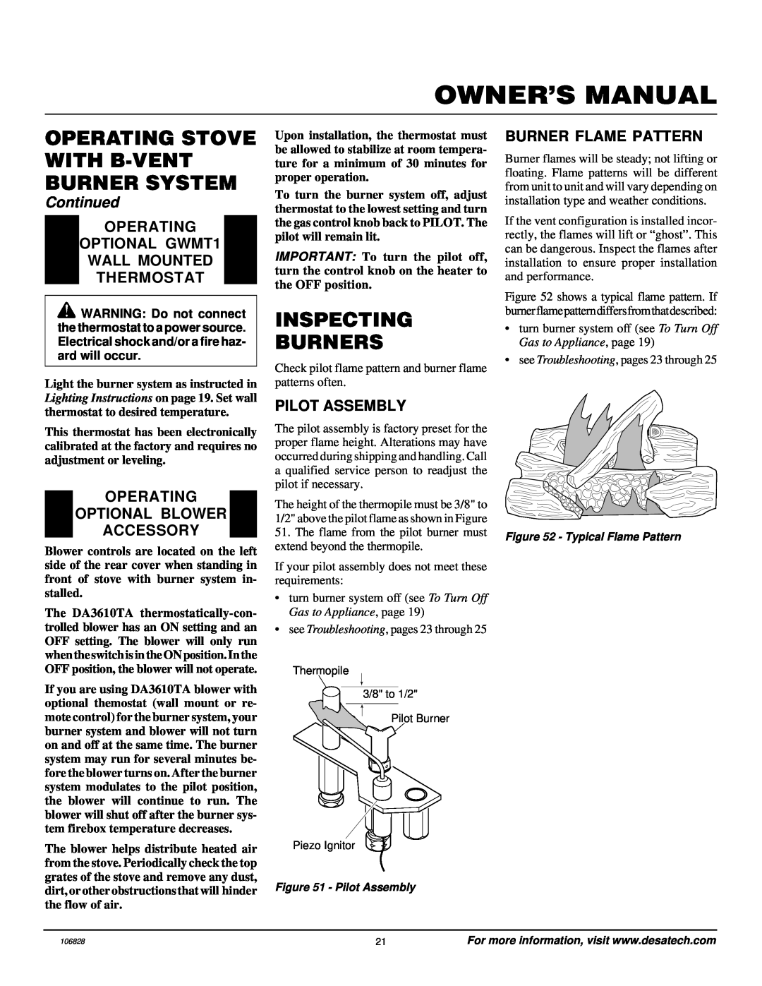 Vanguard Heating SBVBP(C) Inspecting Burners, OPERATING OPTIONAL GWMT1 WALL MOUNTED THERMOSTAT, Pilot Assembly, Continued 