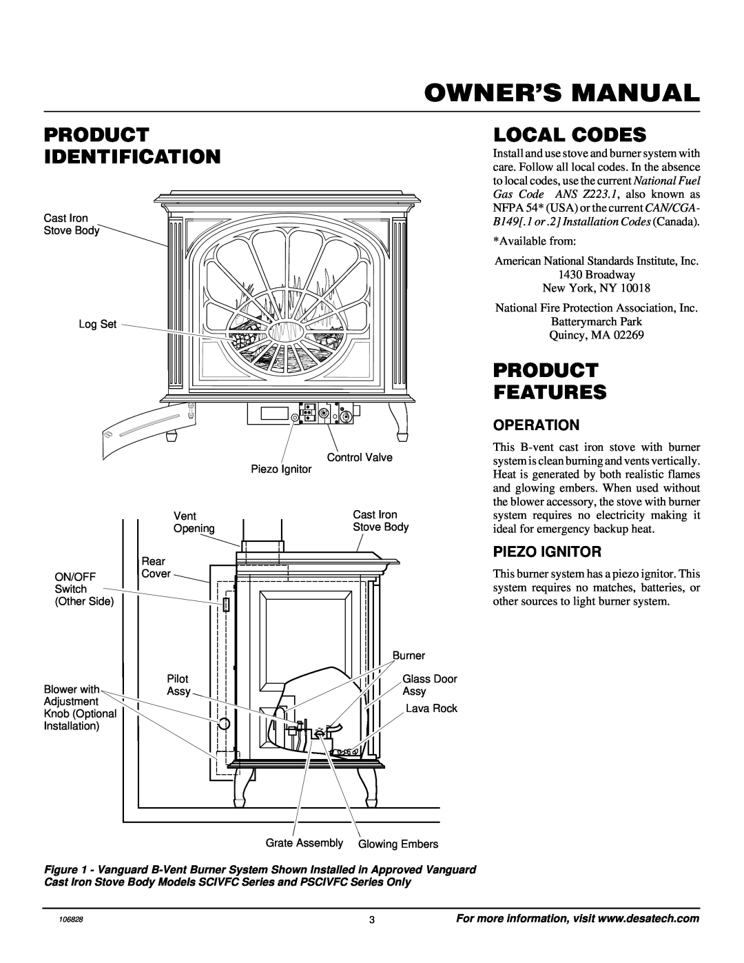 Vanguard Heating SBVBP(C) Owner’S Manual, Product Identification, Local Codes, Product Features, Operation, Piezo Ignitor 