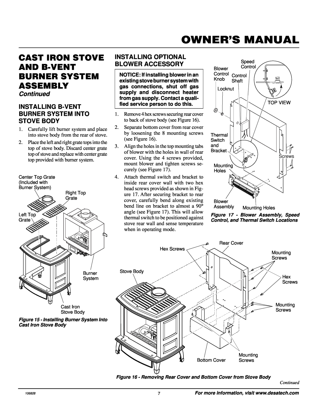 Vanguard Heating SBVBP(C) Installing B-Vent Burner System Into Stove Body, Installing Optional Blower Accessory, Continued 