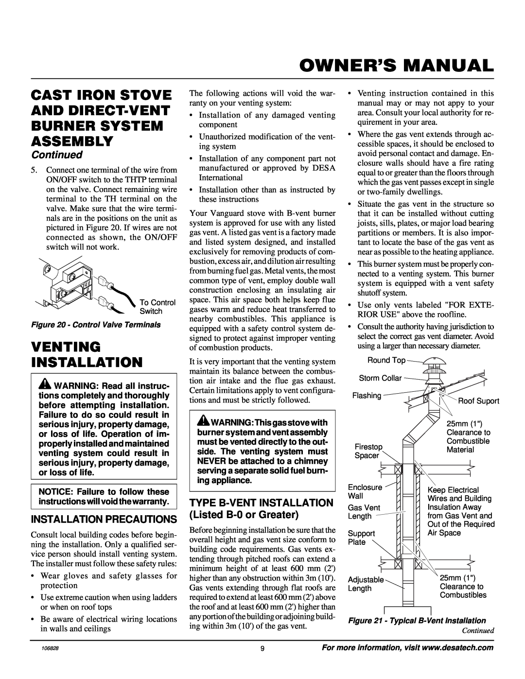 Vanguard Heating SBVBP(C) Venting, Installation Precautions, TYPE B-VENT INSTALLATION Listed B-0 or Greater, Continued 