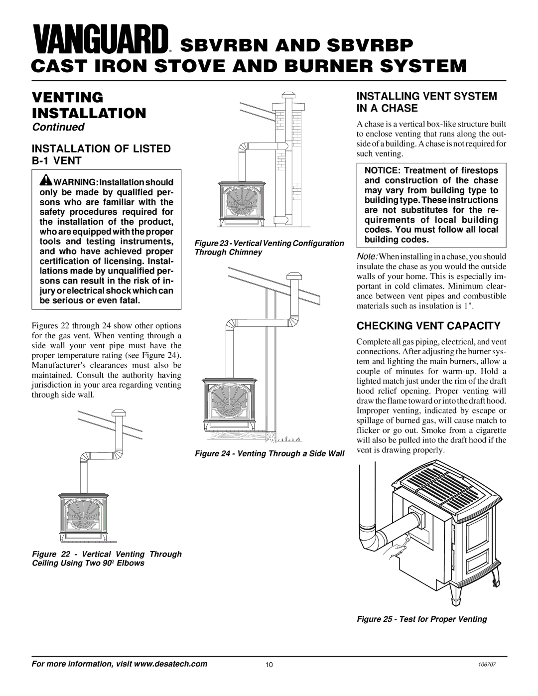 Vanguard Heating SBVRBN, SBVRBP Installation of Listed B-1 Vent, Installing Vent System in a Chase, Checking Vent Capacity 