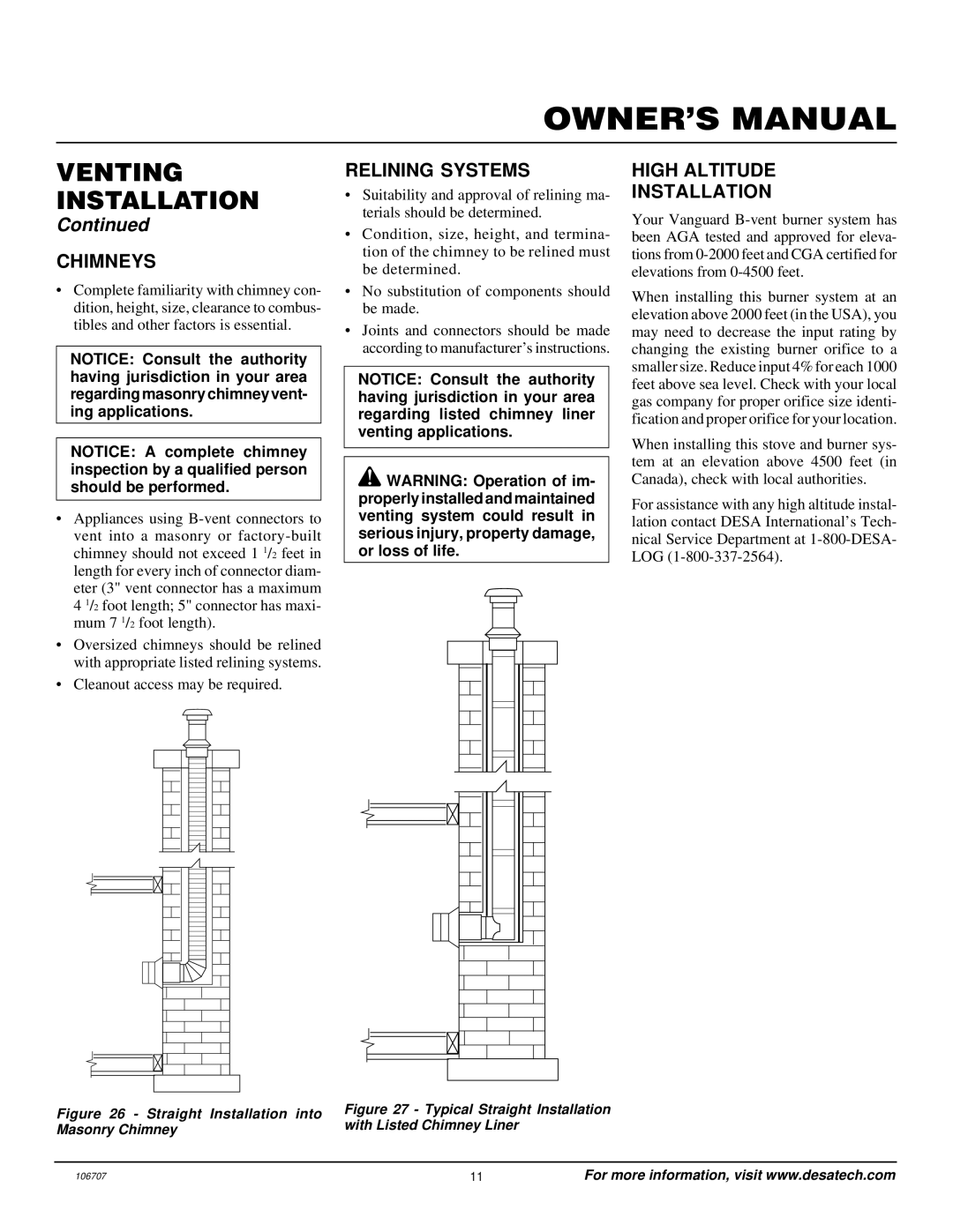 Vanguard Heating SBVRBP, SBVRBN installation manual Chimneys, Relining Systems, High Altitude Installation 