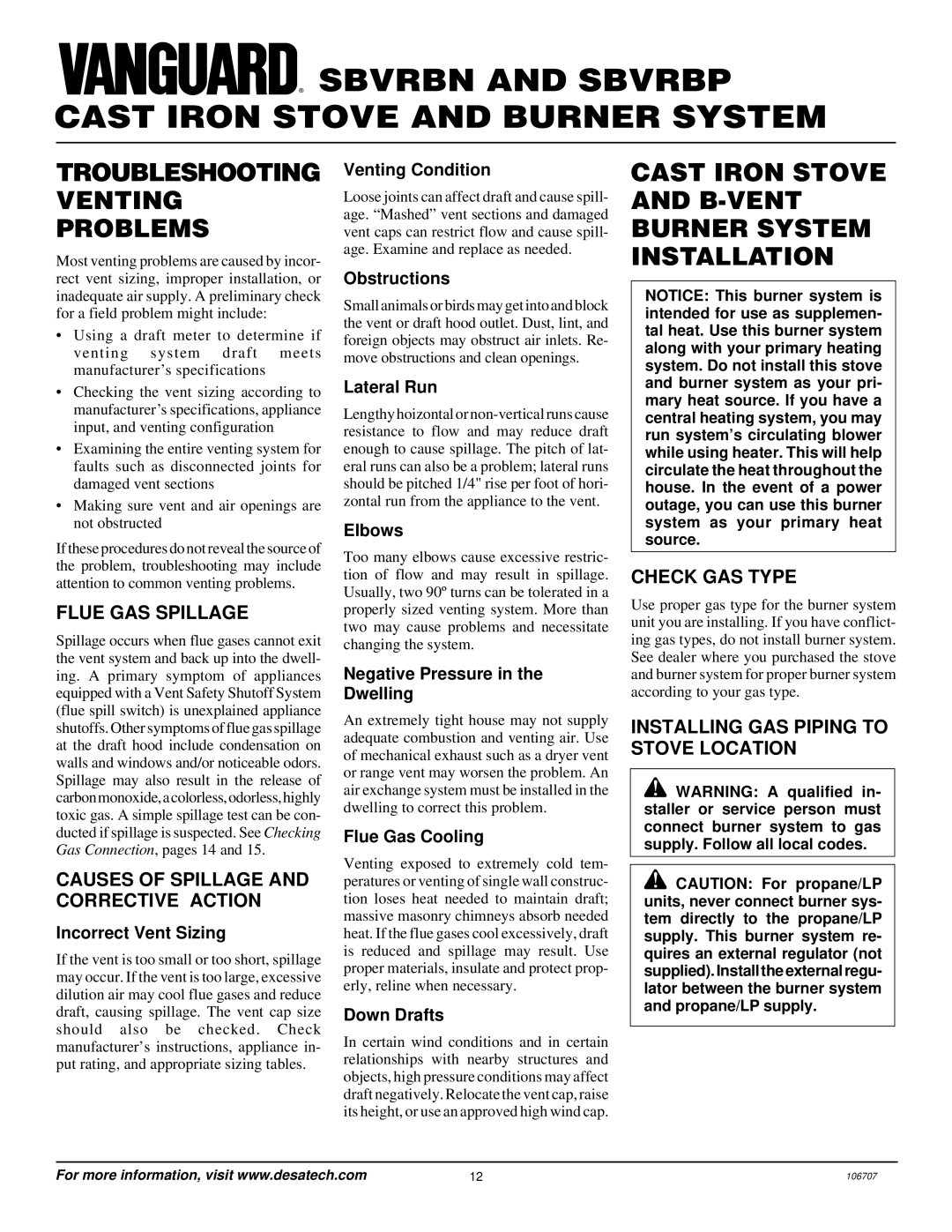 Vanguard Heating SBVRBN, SBVRBP Troubleshooting Venting Problems, Cast Iron Stove and B-VENT Burner System Installation 