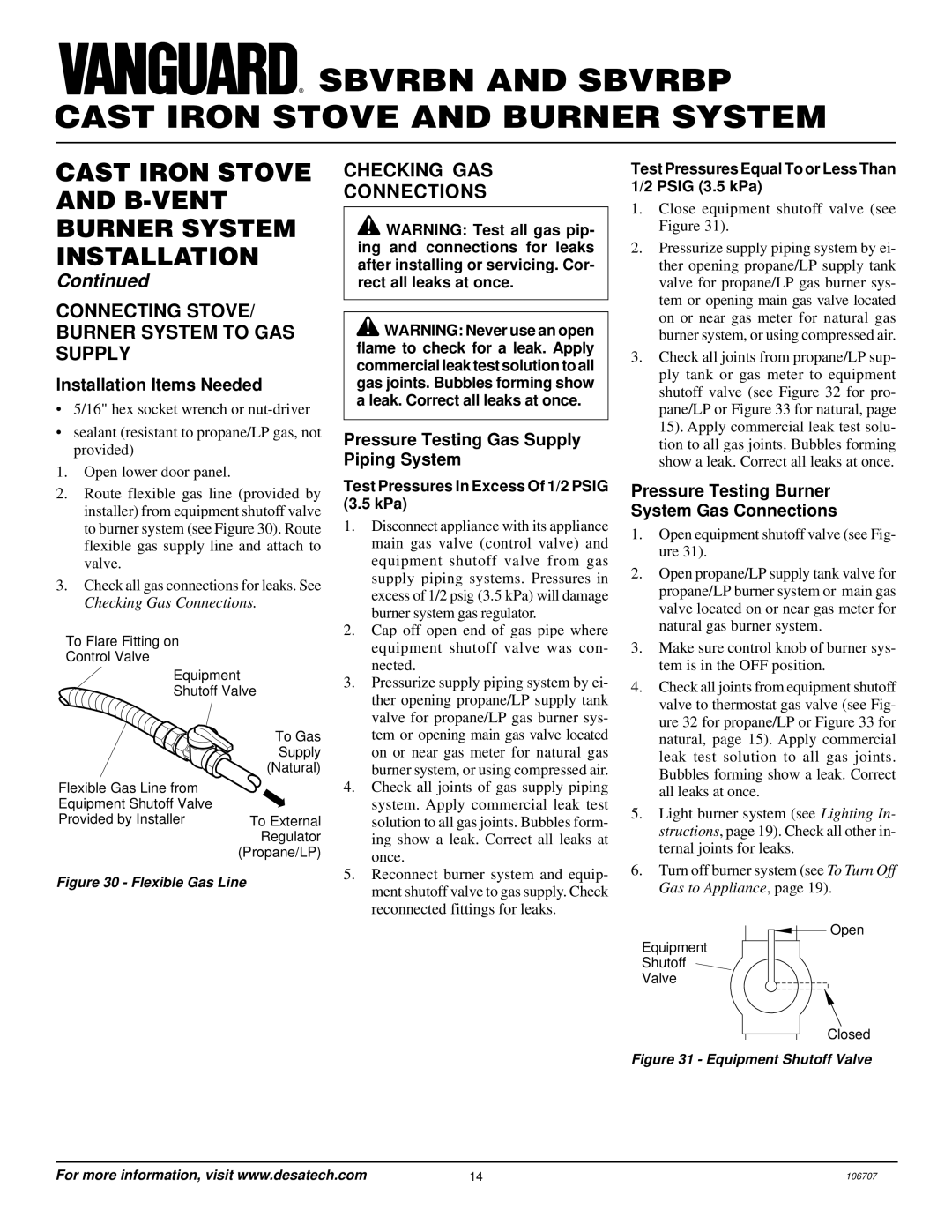 Vanguard Heating SBVRBN, SBVRBP installation manual Connecting STOVE/ Burner System to GAS Supply, Checking GAS Connections 