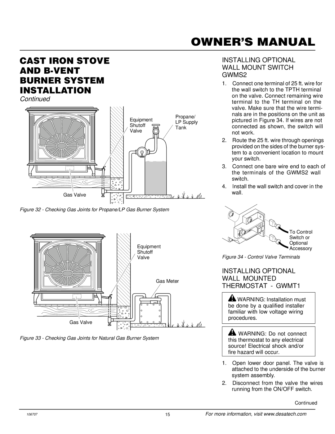 Vanguard Heating SBVRBP Installing Optional Wall Mount Switch GWMS2, Installing Optional Wall Mounted Thermostat GWMT1 