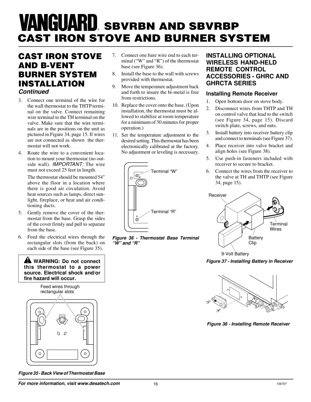 Vanguard Heating SBVRBN, SBVRBP installation manual Installing Remote Receiver, Thermostat Base Terminal W and R 