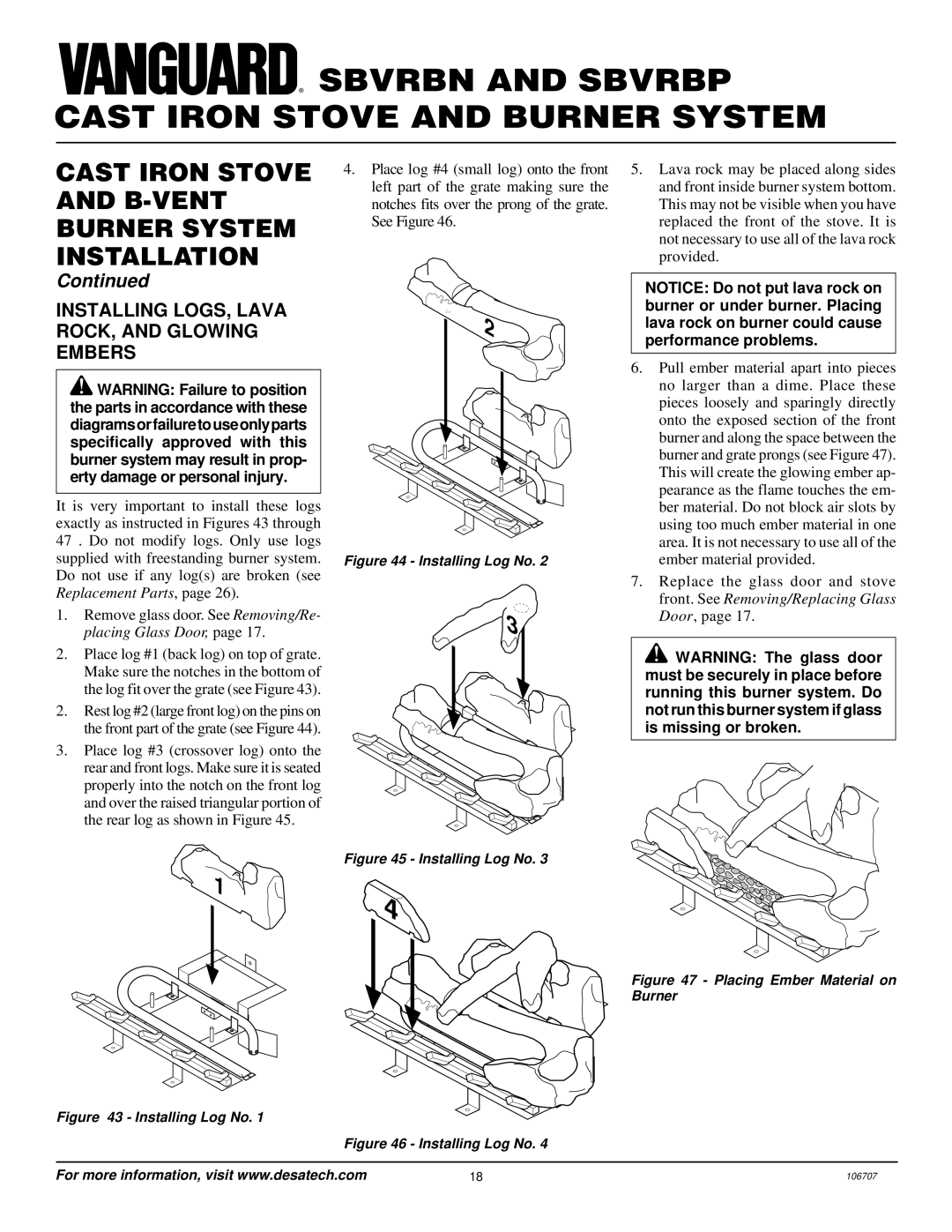 Vanguard Heating SBVRBN, SBVRBP installation manual Installing LOGS, Lava ROCK, and Glowing Embers, Installing Log No 