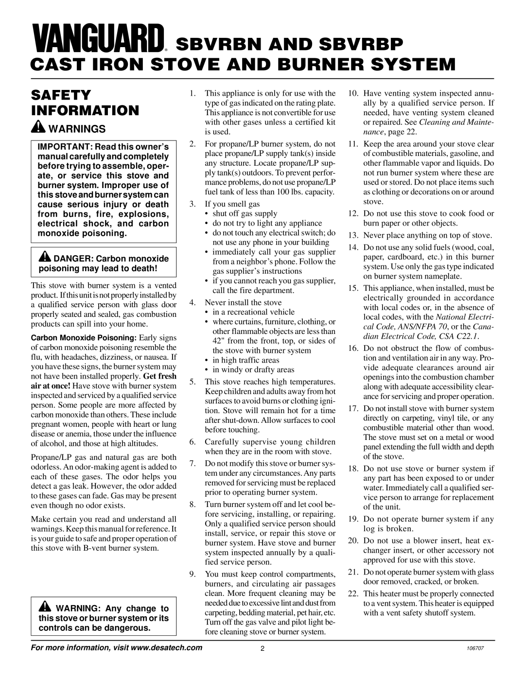 Vanguard Heating SBVRBN, SBVRBP installation manual Sbvrbn and Sbvrbp Cast Iron Stove and Burner System, Safety Information 