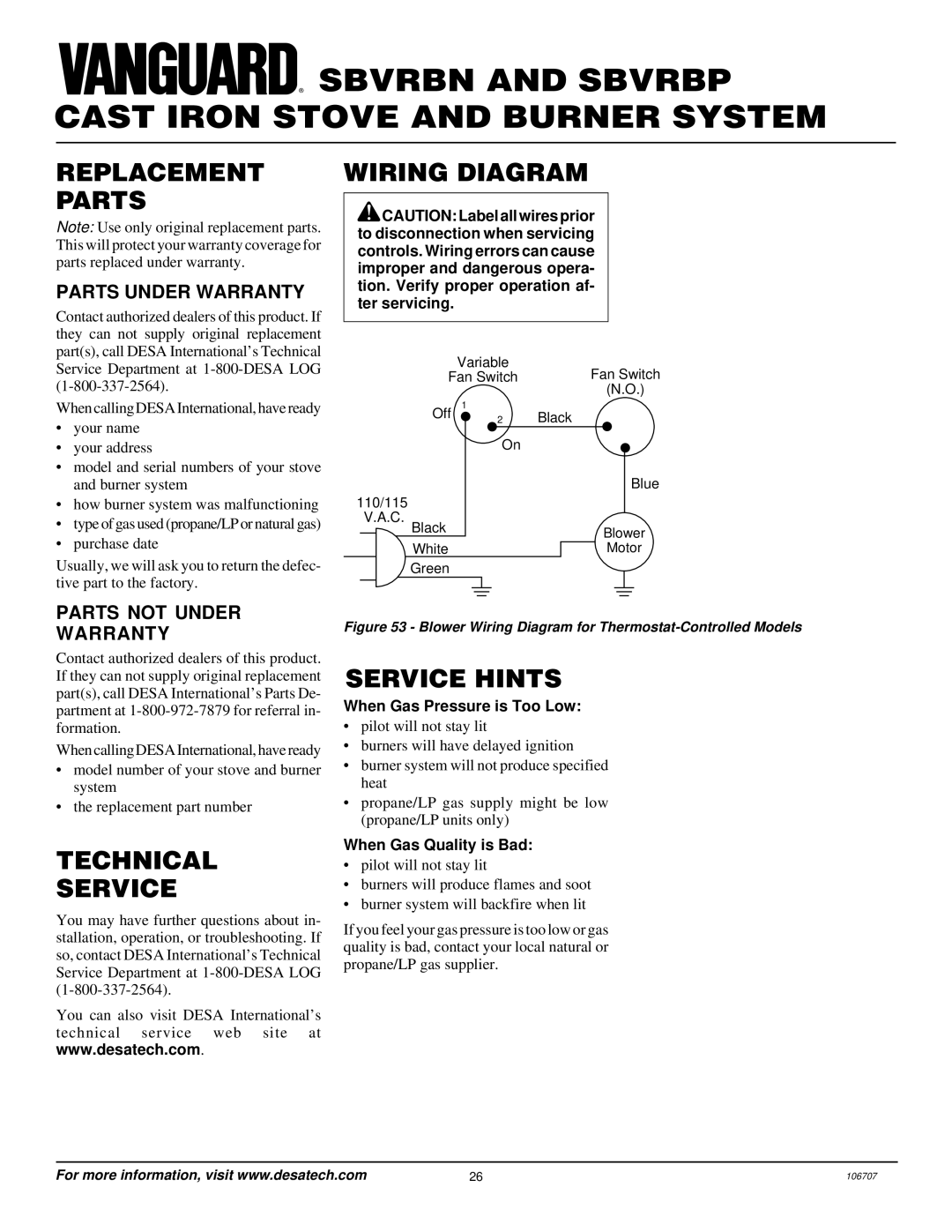 Vanguard Heating SBVRBN, SBVRBP installation manual Replacement Parts, Technical Service, Wiring Diagram, Service Hints 