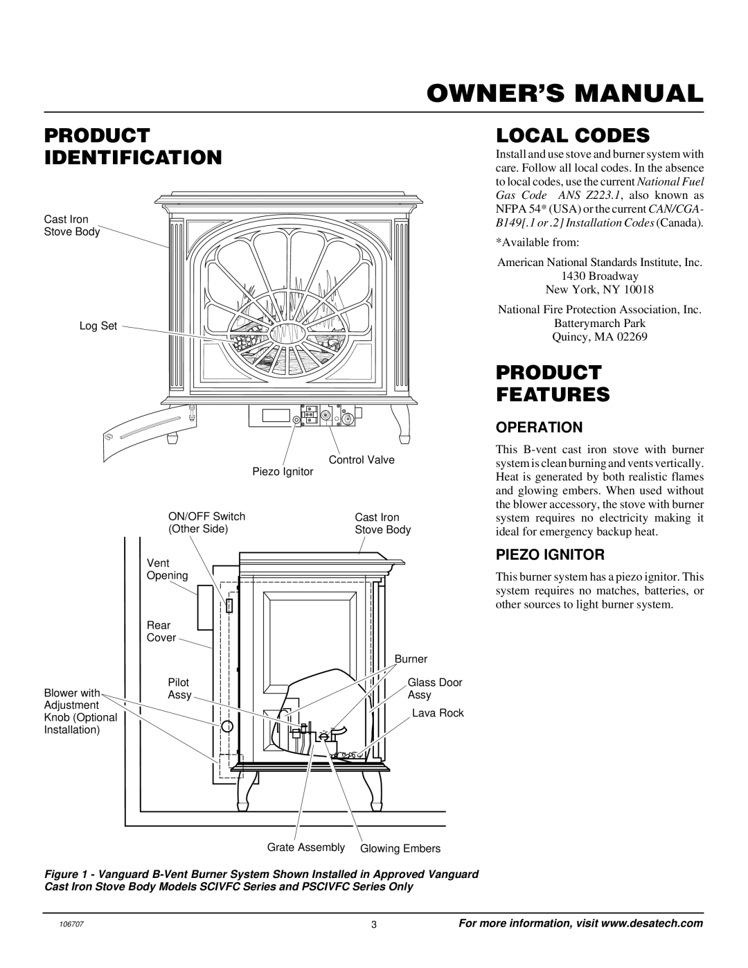 Vanguard Heating SBVRBP, SBVRBN Product Identification, Local Codes, Product Features, Operation, Piezo Ignitor 