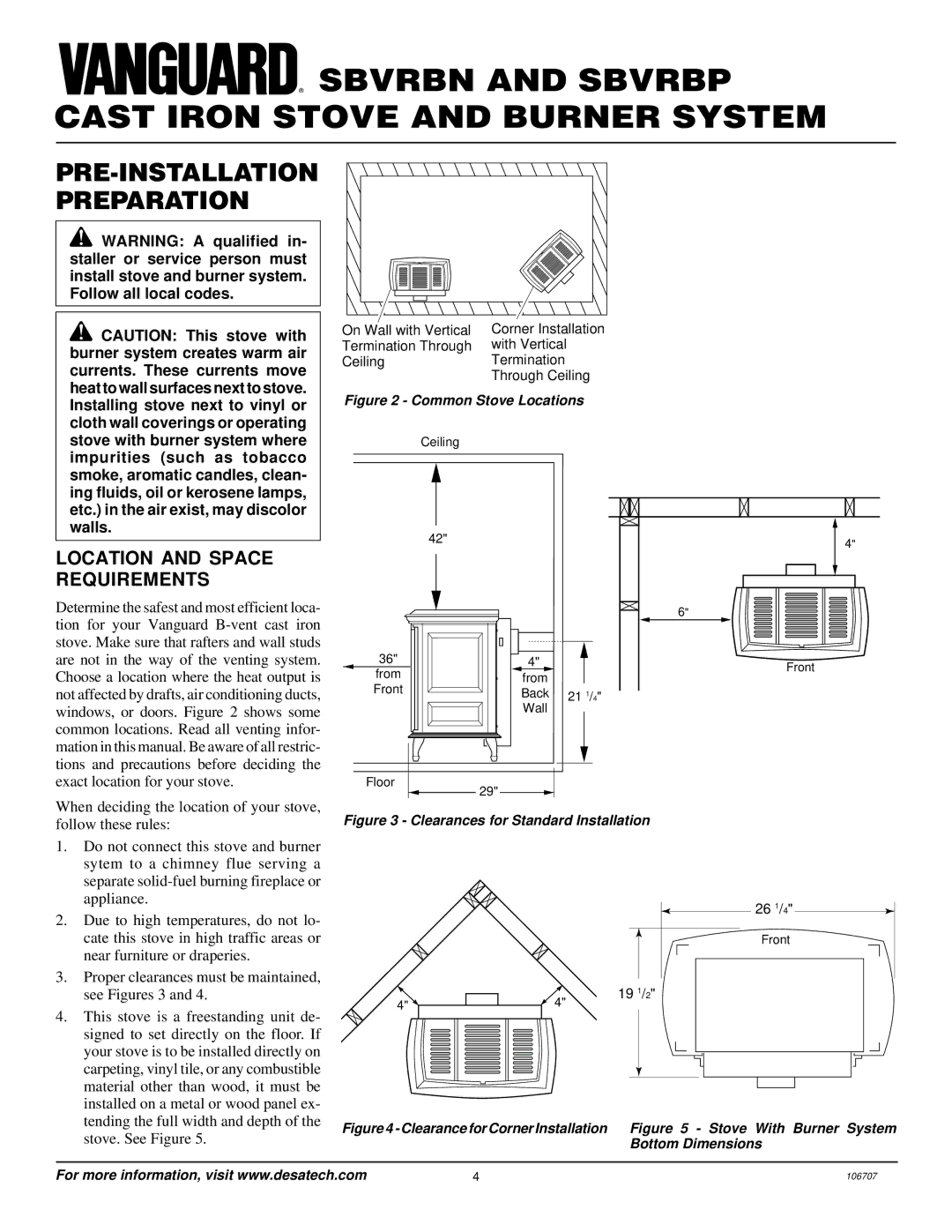 Vanguard Heating SBVRBN, SBVRBP installation manual PRE-INSTALLATION Preparation, Location and Space Requirements 