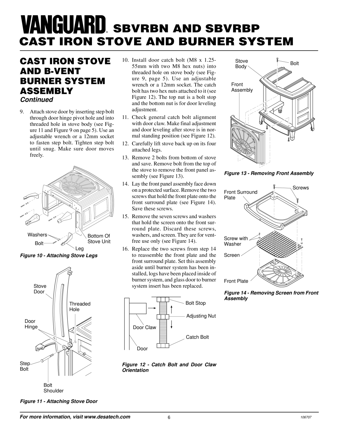 Vanguard Heating SBVRBN, SBVRBP installation manual Attaching Stove Legs 