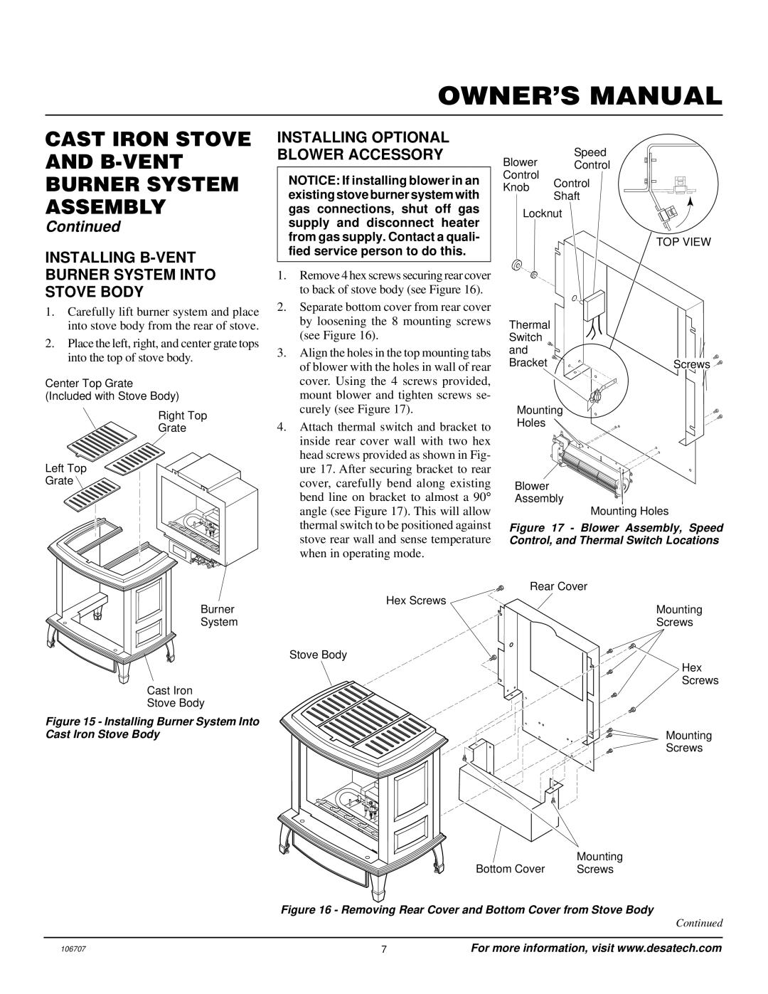 Vanguard Heating SBVRBP, SBVRBN Installing B-VENT Burner System Into Stove Body, Installing Optional Blower Accessory 