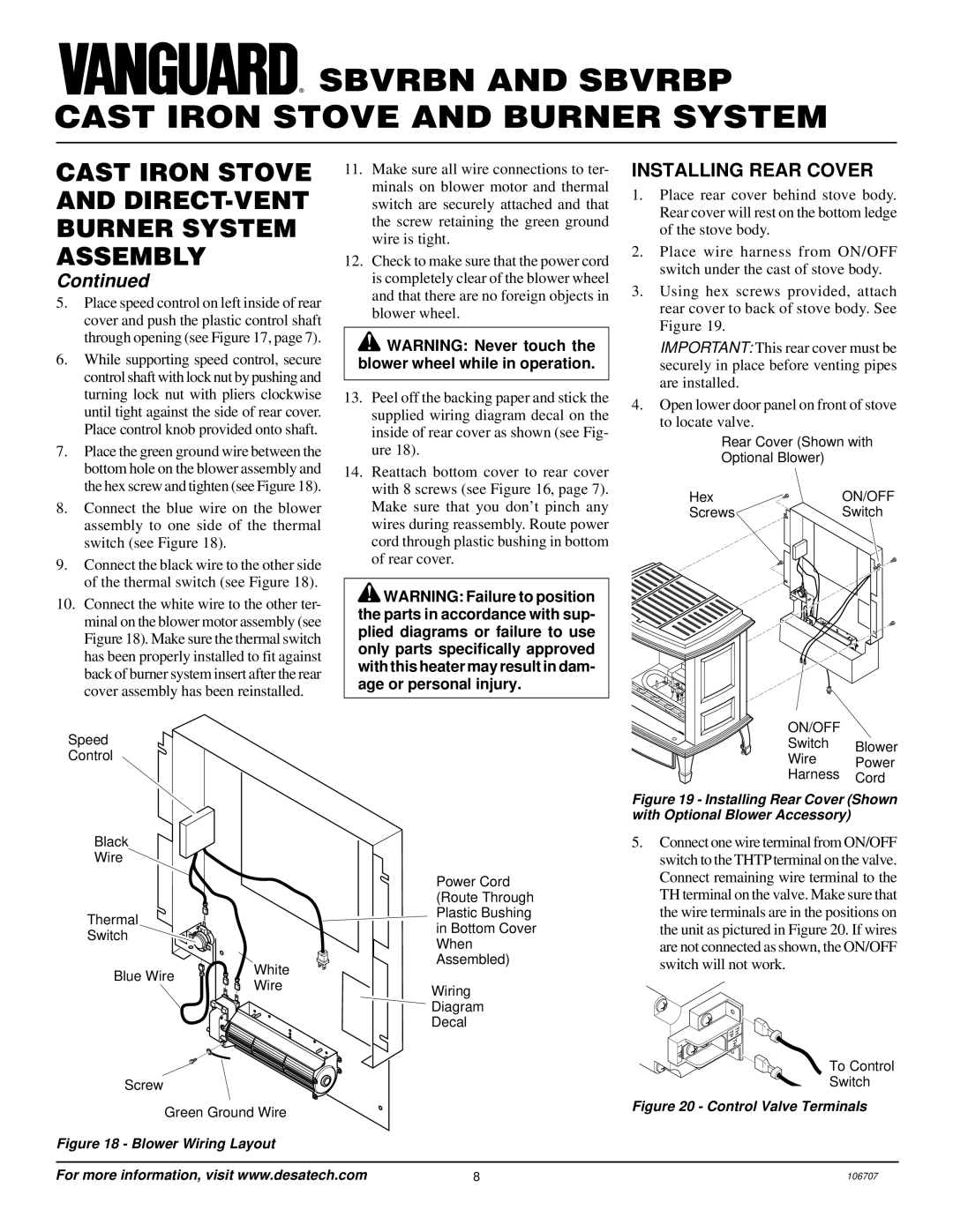 Vanguard Heating SBVRBN, SBVRBP Cast Iron Stove and DIRECT-VENT Burner System Assembly, Installing Rear Cover 