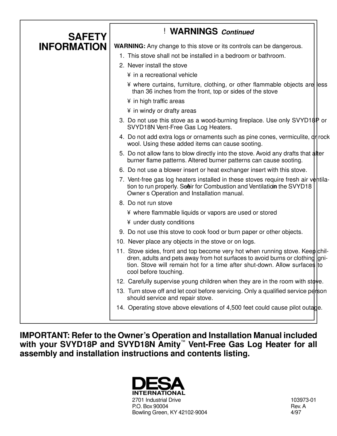 Vanguard Heating SCIVFC Charcoal, SCIVFB, SCIVFG, SCIVFC, SCIVFR installation manual Safety Information 