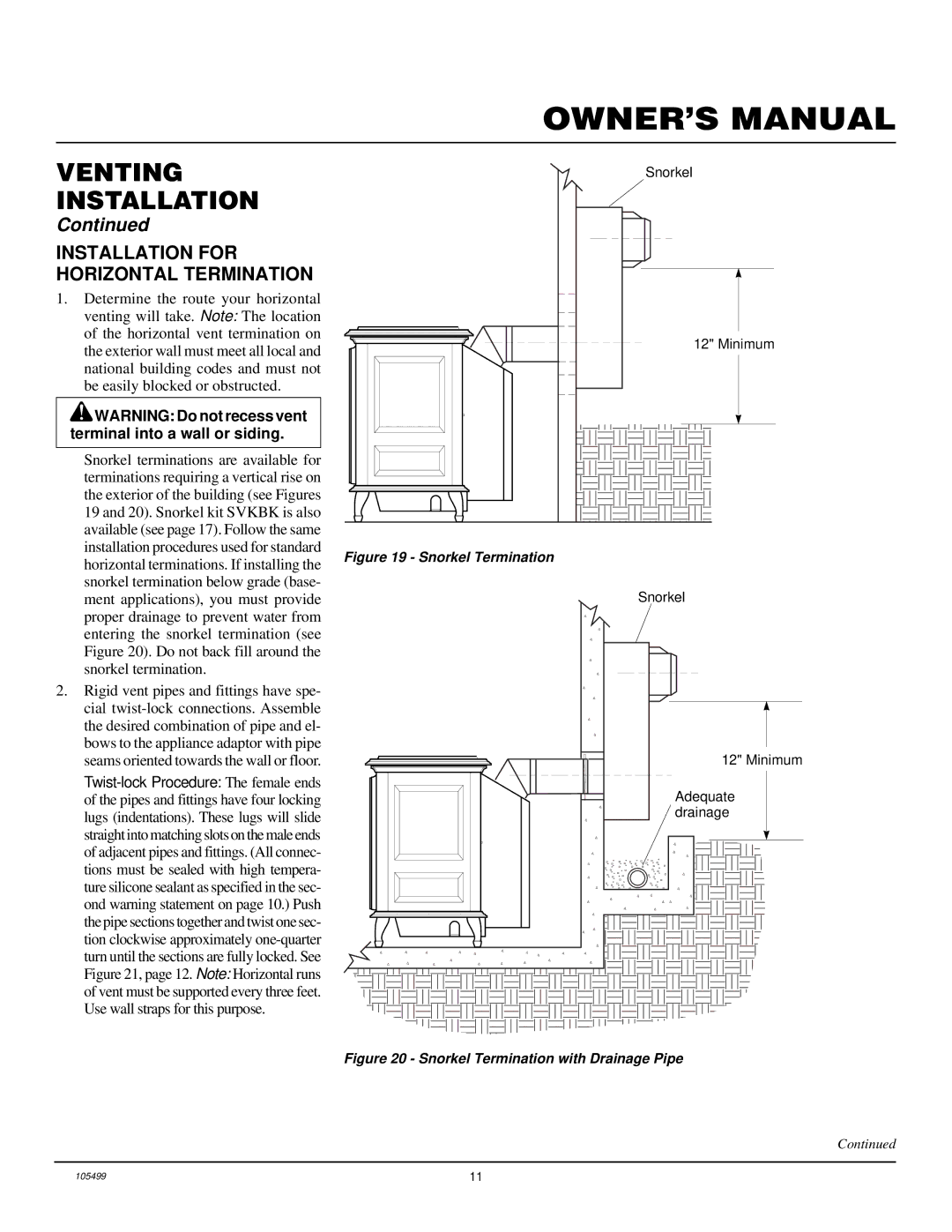 Vanguard Heating SDVBP(A), SDVBN(A) manual Installation for Horizontal Termination, Snorkel Termination 