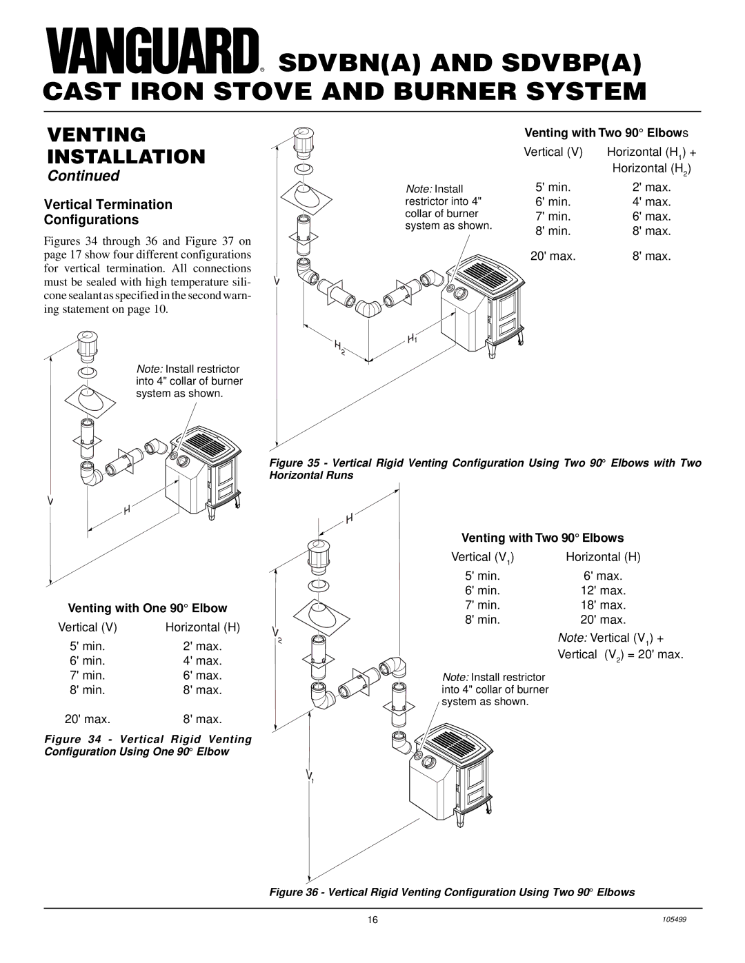 Vanguard Heating SDVBN(A) Vertical Termination Configurations, Vertical Rigid Venting Configuration Using One 90 Elbow 