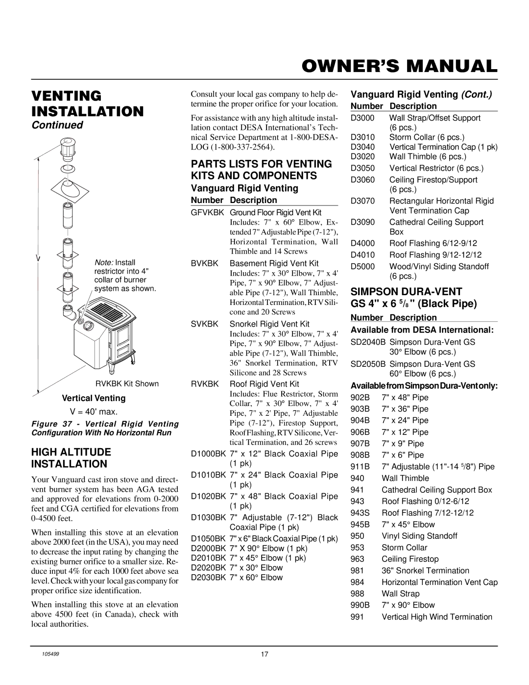 Vanguard Heating SDVBP(A) High Altitude Installation, Parts Lists for Venting Kits and Components, Vanguard Rigid Venting 