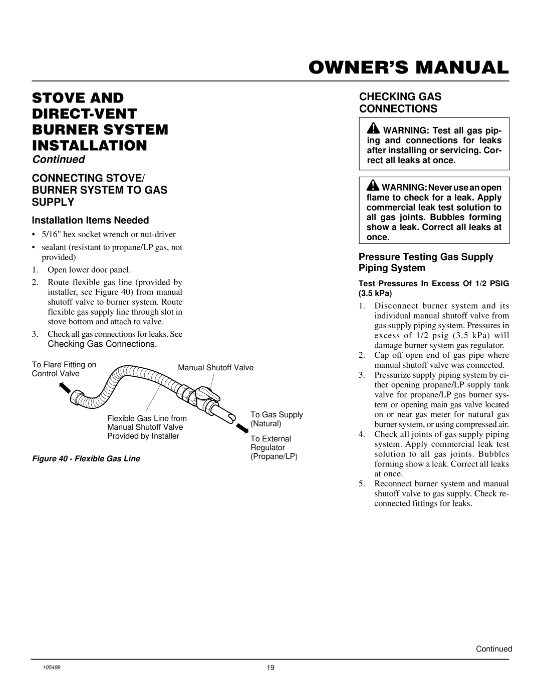 Vanguard Heating SDVBP(A), SDVBN(A) manual Connecting Stove Burner System to GAS Supply, Checking GAS Connections 