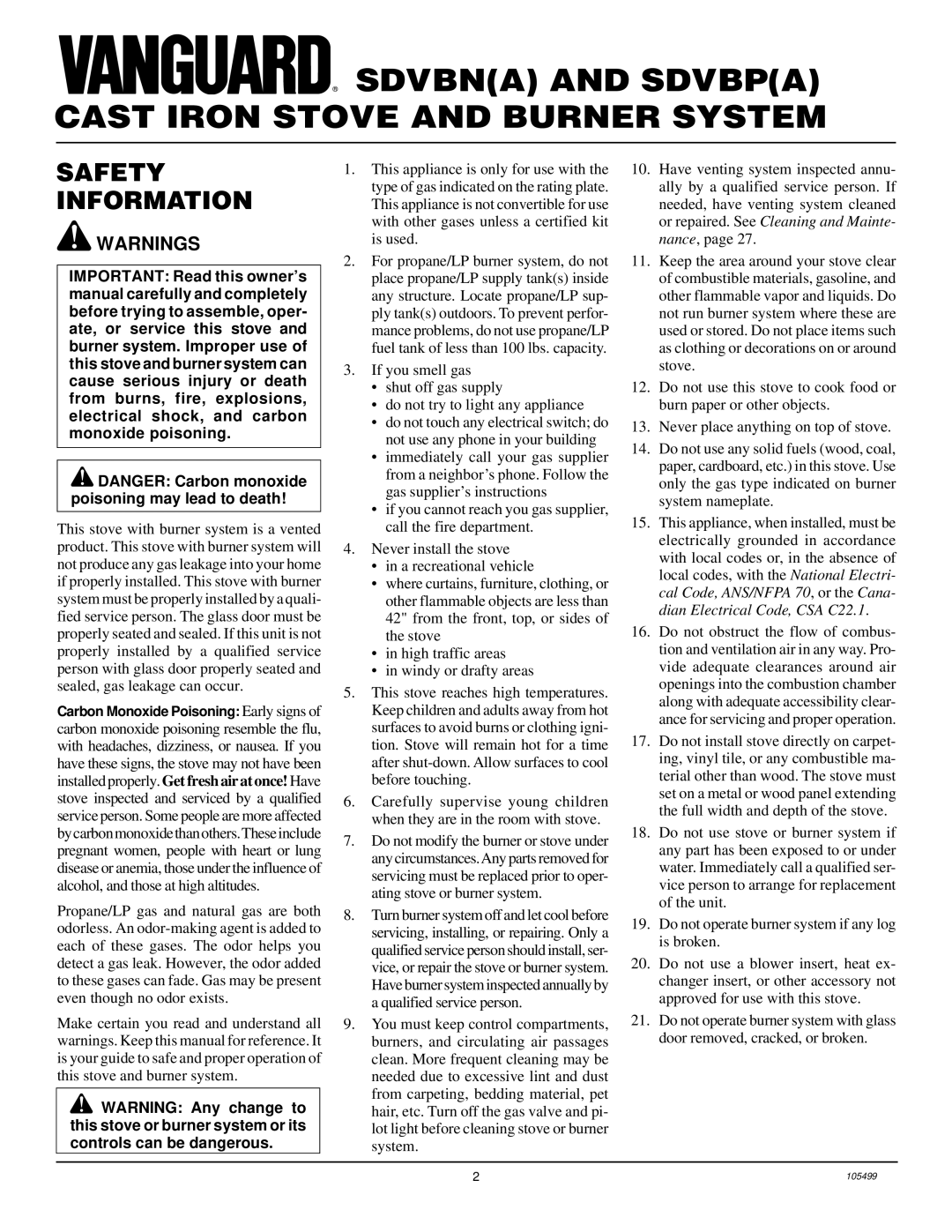 Vanguard Heating SDVBN(A), SDVBP(A) manual Sdvbna and Sdvbpa Cast Iron Stove and Burner System, Safety Information 