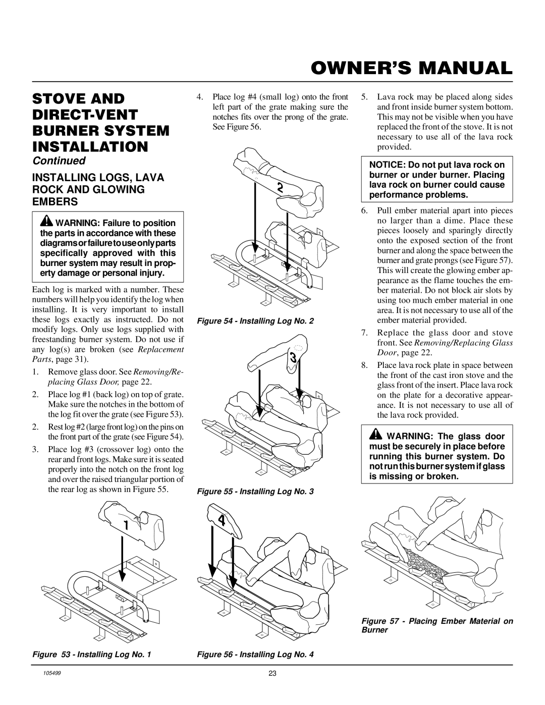 Vanguard Heating SDVBP(A), SDVBN(A) manual Installing LOGS, Lava Rock and Glowing Embers, Installing Log No 