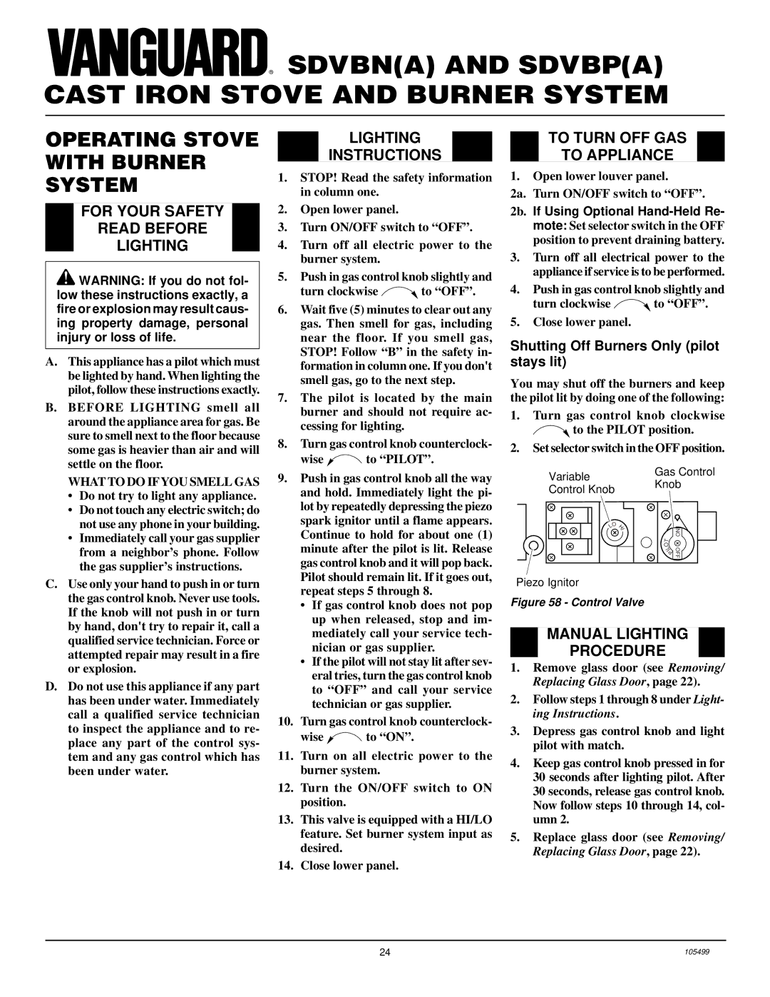 Vanguard Heating SDVBN(A) Operating Stove with Burner System, For Your Safety Read Before Lighting, Lighting Instructions 