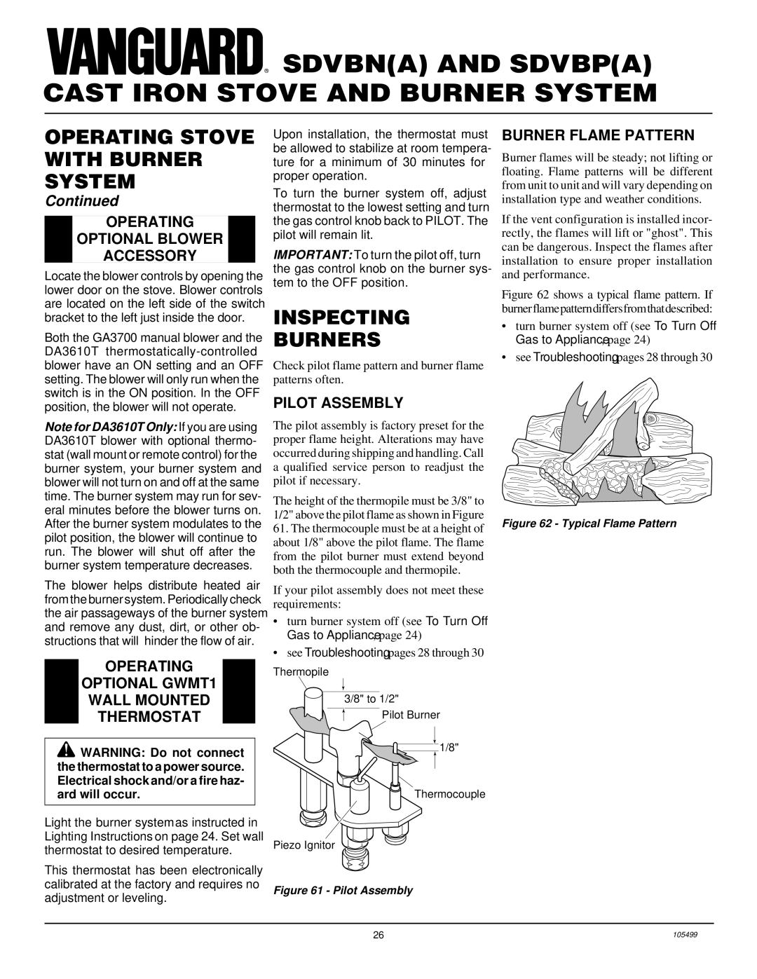 Vanguard Heating SDVBN(A) Inspecting Burners, Operating Optional Blower Accessory, Pilot Assembly, Burner Flame Pattern 