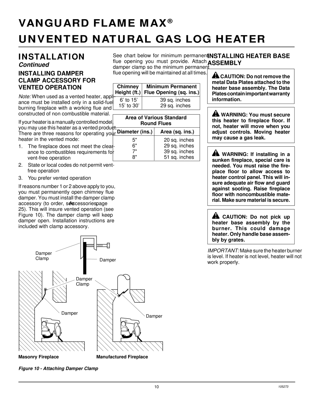 Vanguard Heating UNVENTED (VENT-FREE) NATURAL GAS LOG HEATER Installing Damper Clamp Accessory for Vented Operation 