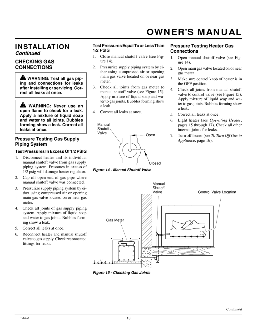 Vanguard Heating UNVENTED (VENT-FREE) NATURAL GAS LOG HEATER installation manual Checking GAS Connections 