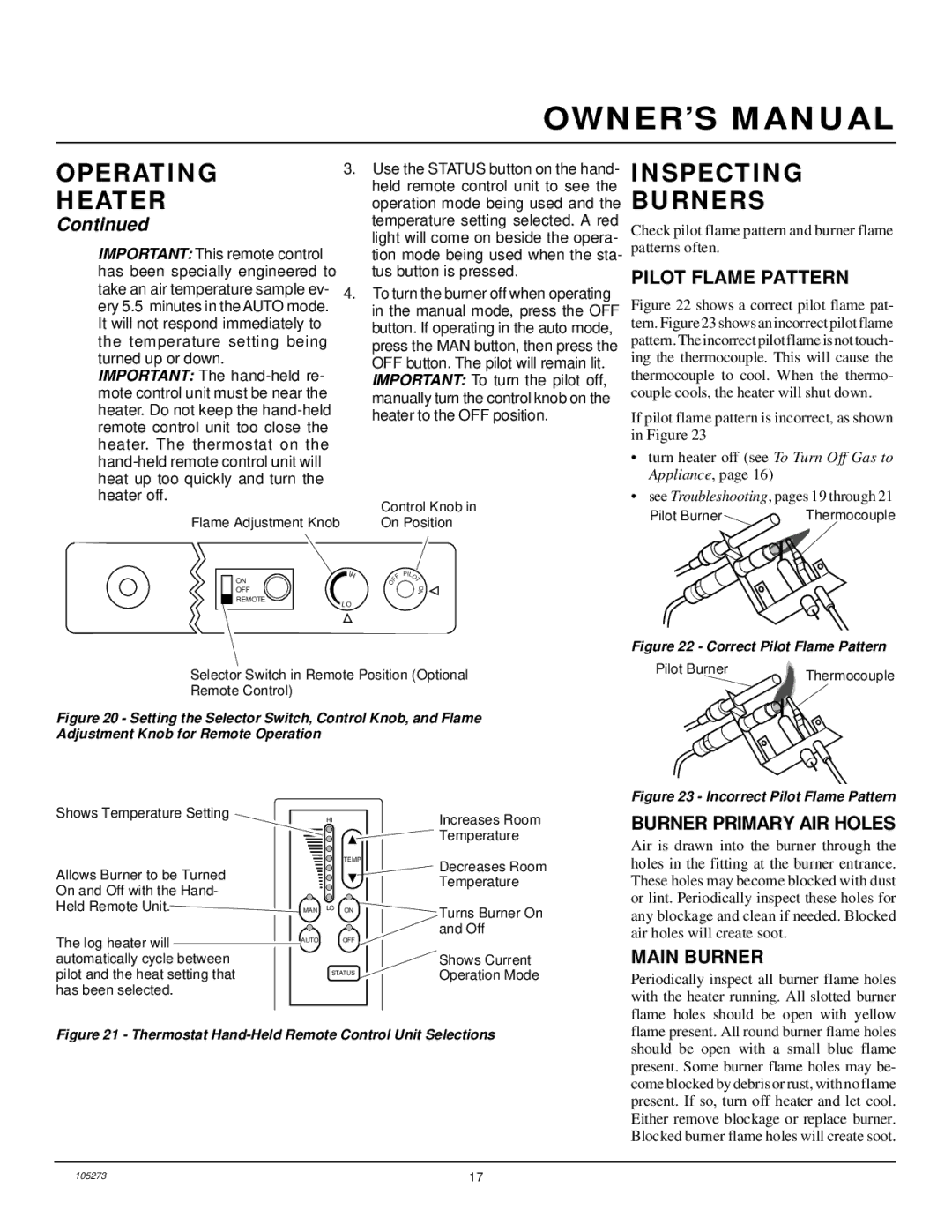 Vanguard Heating UNVENTED (VENT-FREE) NATURAL GAS LOG HEATER Inspecting Burners, Pilot Flame Pattern, Main Burner 